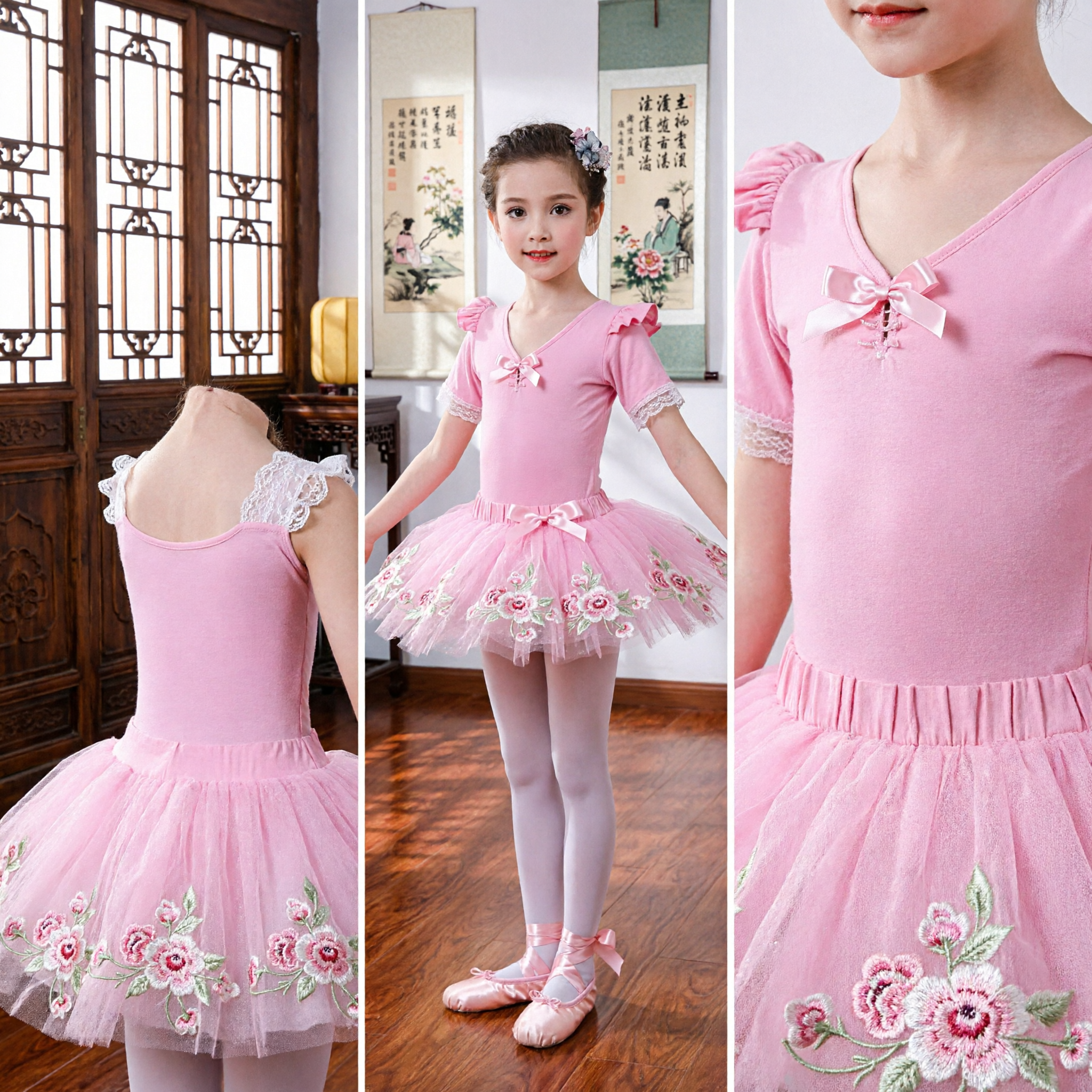 Kids Pink Ballet Tutu Dress Short Sleeve Leotard Girls Dance Costume for Practice and Performance