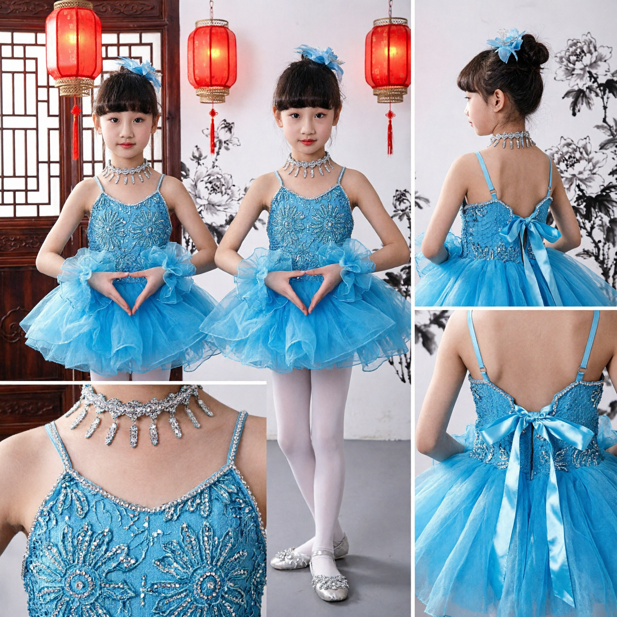 Girls Blue Sequin Ballet Tutu Dress Kids Modern Dance Performance Stage Costume Outfit