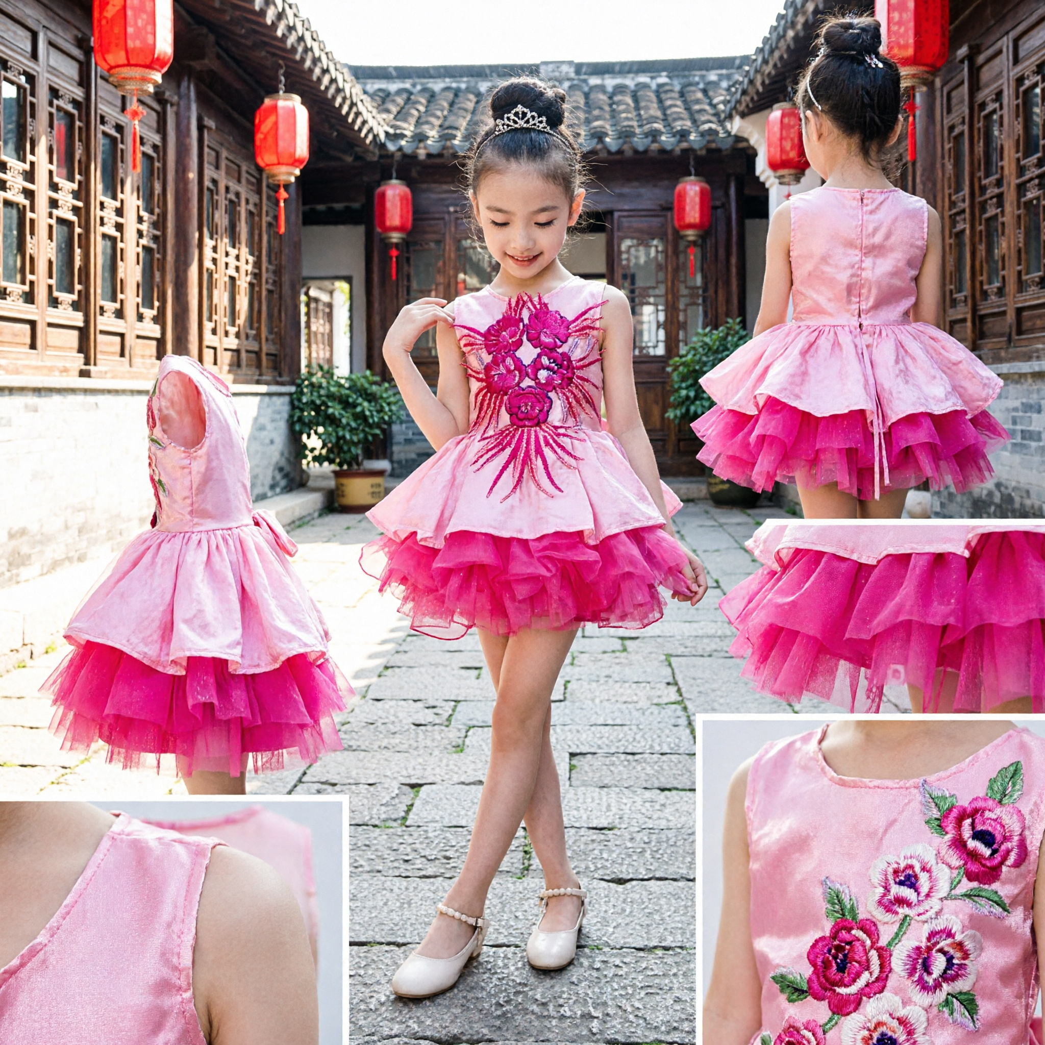 Girls Latin Dance Dress with Large Pink Flower Applique and Ruffled Skirt for Kids Stage Performance