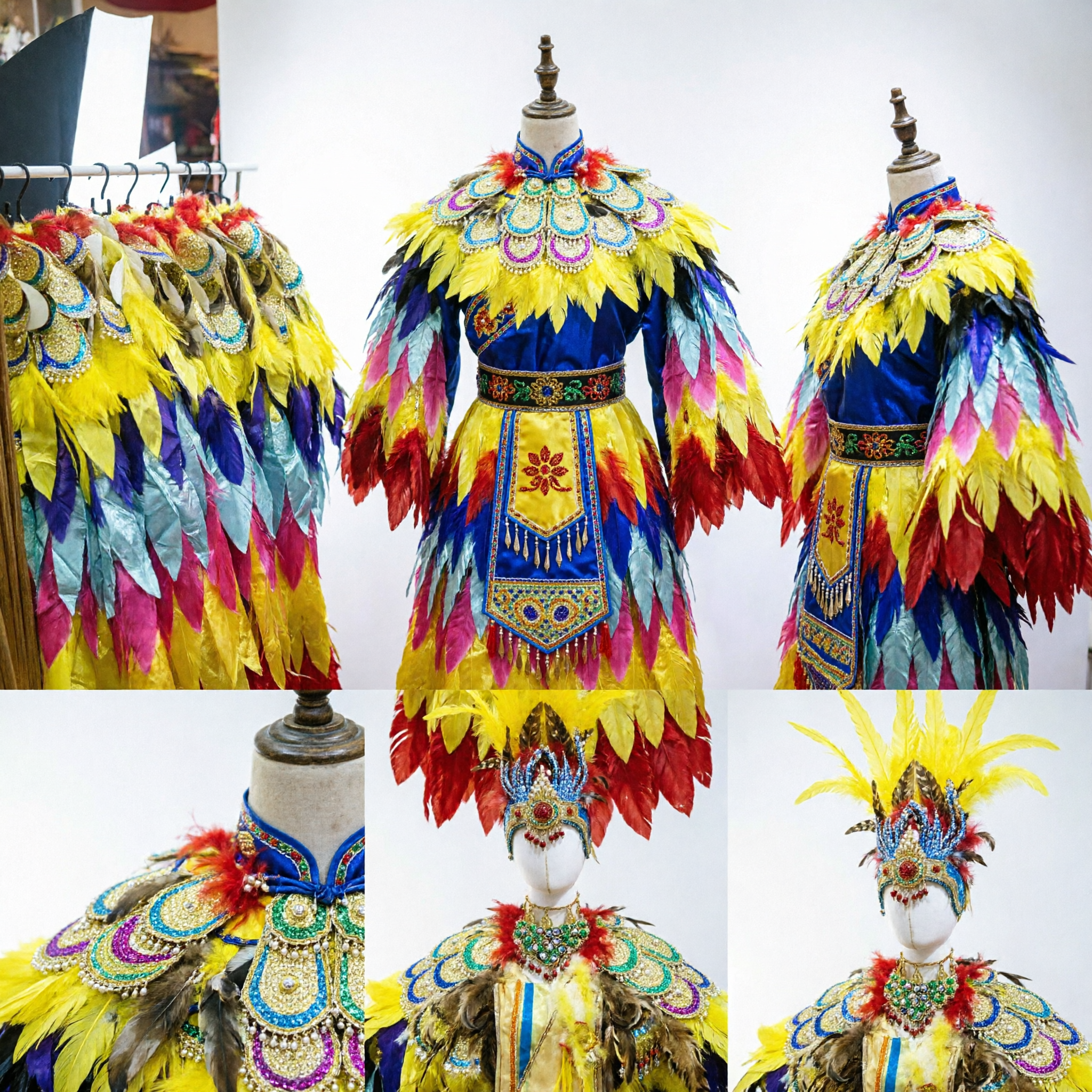 Women's Traditional Chinese Phoenix Dance Costume with Elaborate Feather Headdress and Wings for Stage Performance