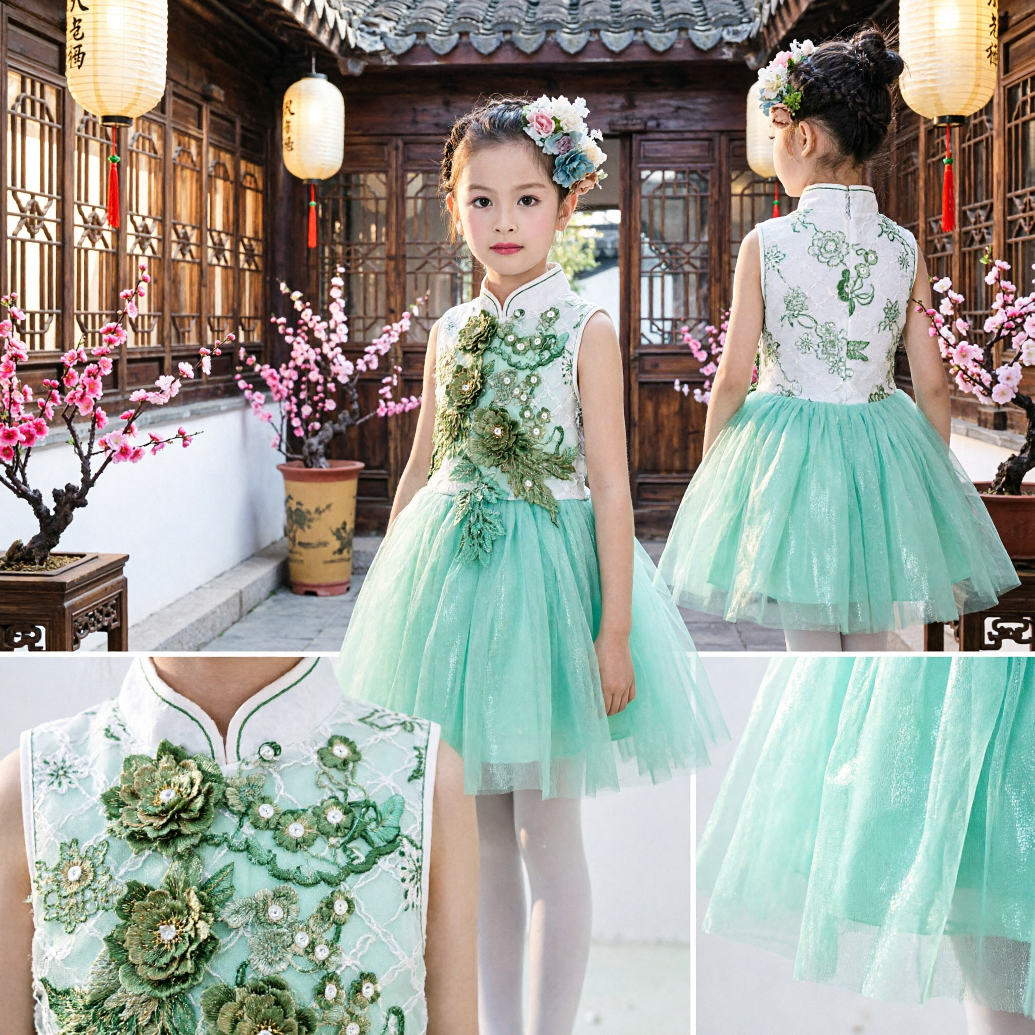 Girls Green Floral Embroidery Tulle Dress Princess Wedding Flower Girl Party Performance Costume Gown