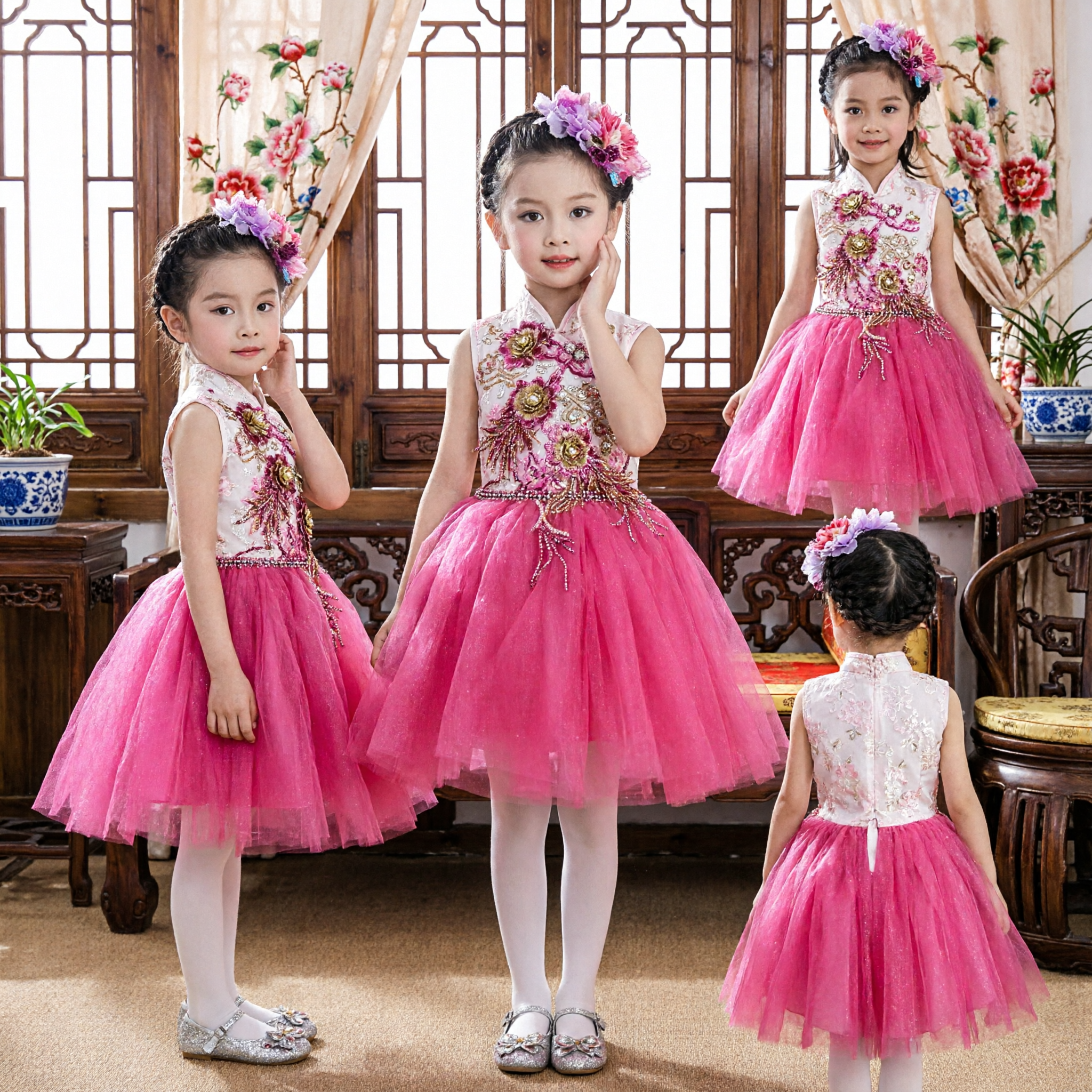 Girls Pink Traditional Chinese Cheongsam Dress Floral Embroidery Tulle Tutu Skirt Stage Performance Costume