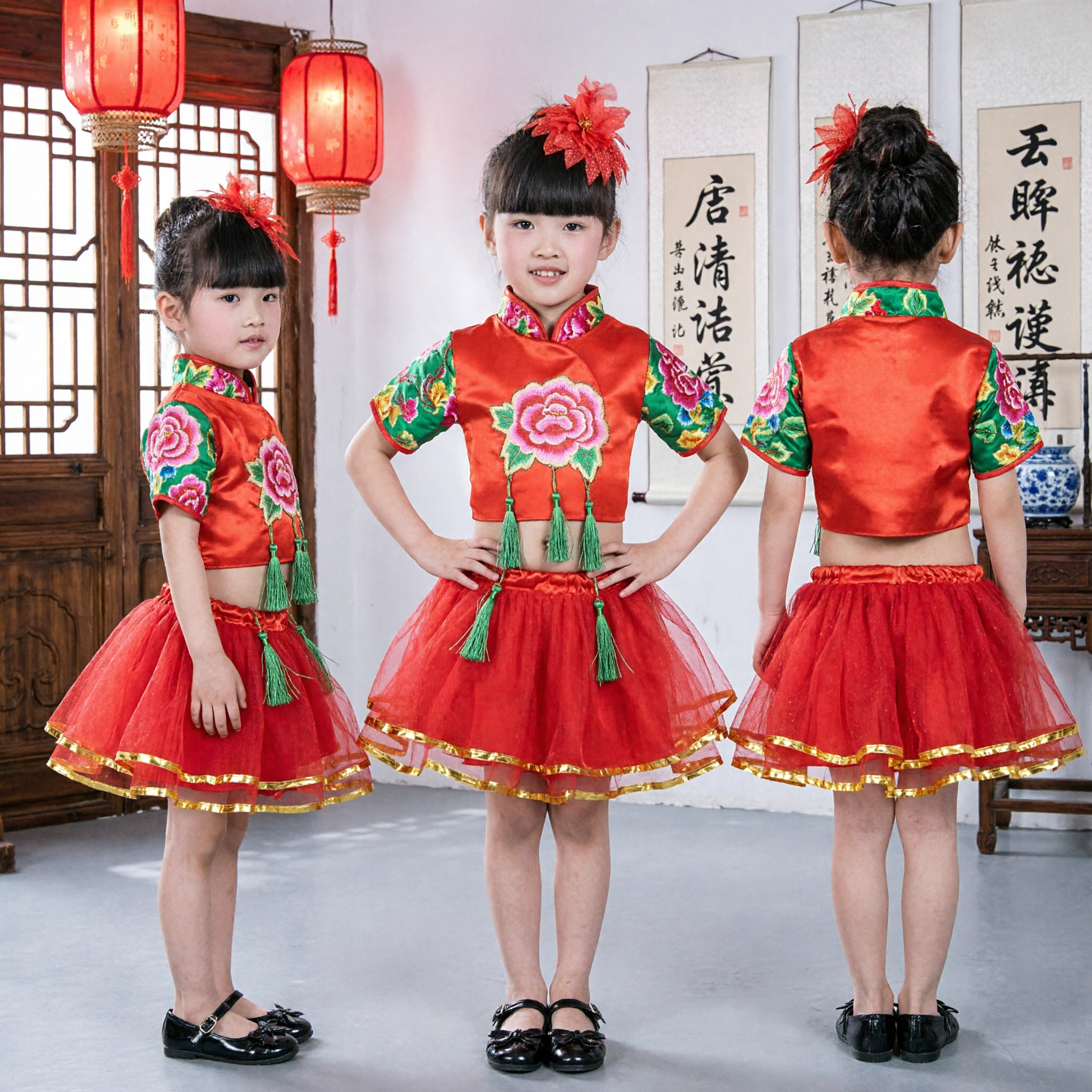 Girls Red Chinese Folk Dance Costume Traditional Cheongsam Top with Tulle Skirt Performance Wear