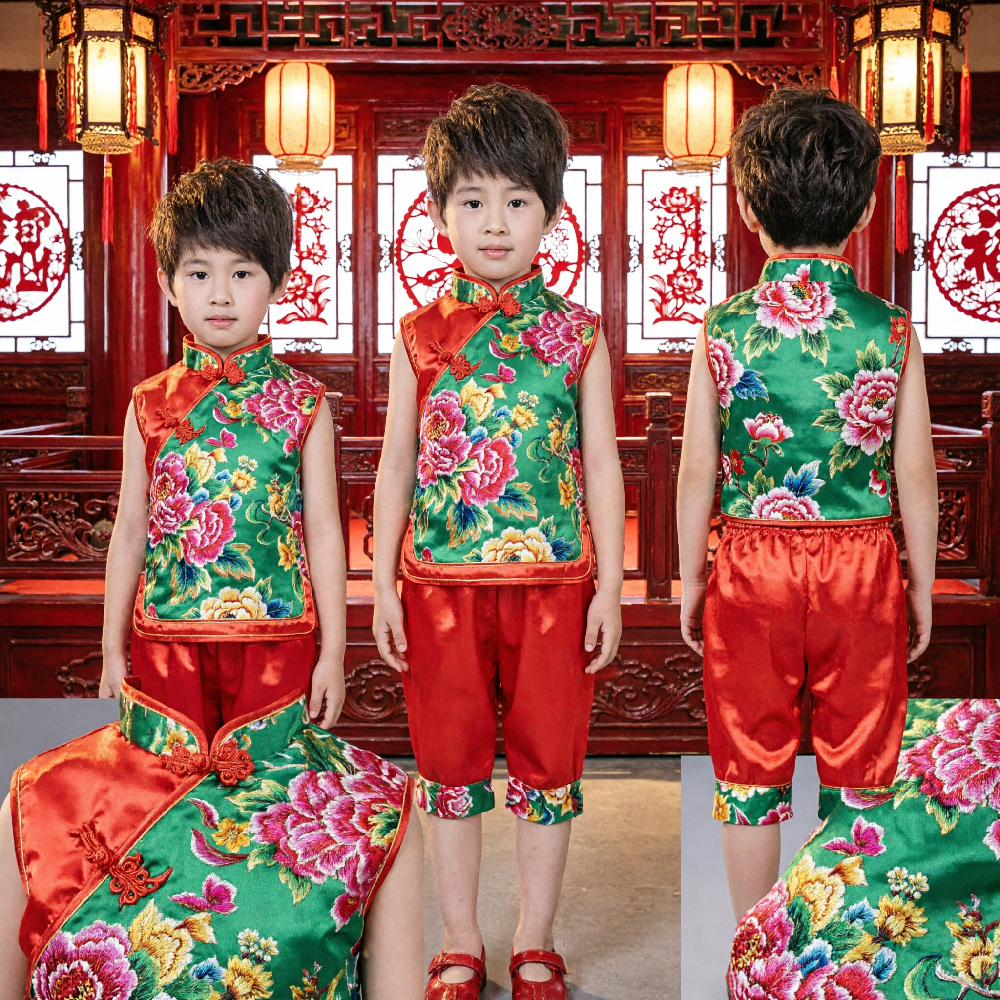 Kids Boys Traditional Chinese Floral Vest and Red Pants Folk Dance Performance Costume Set