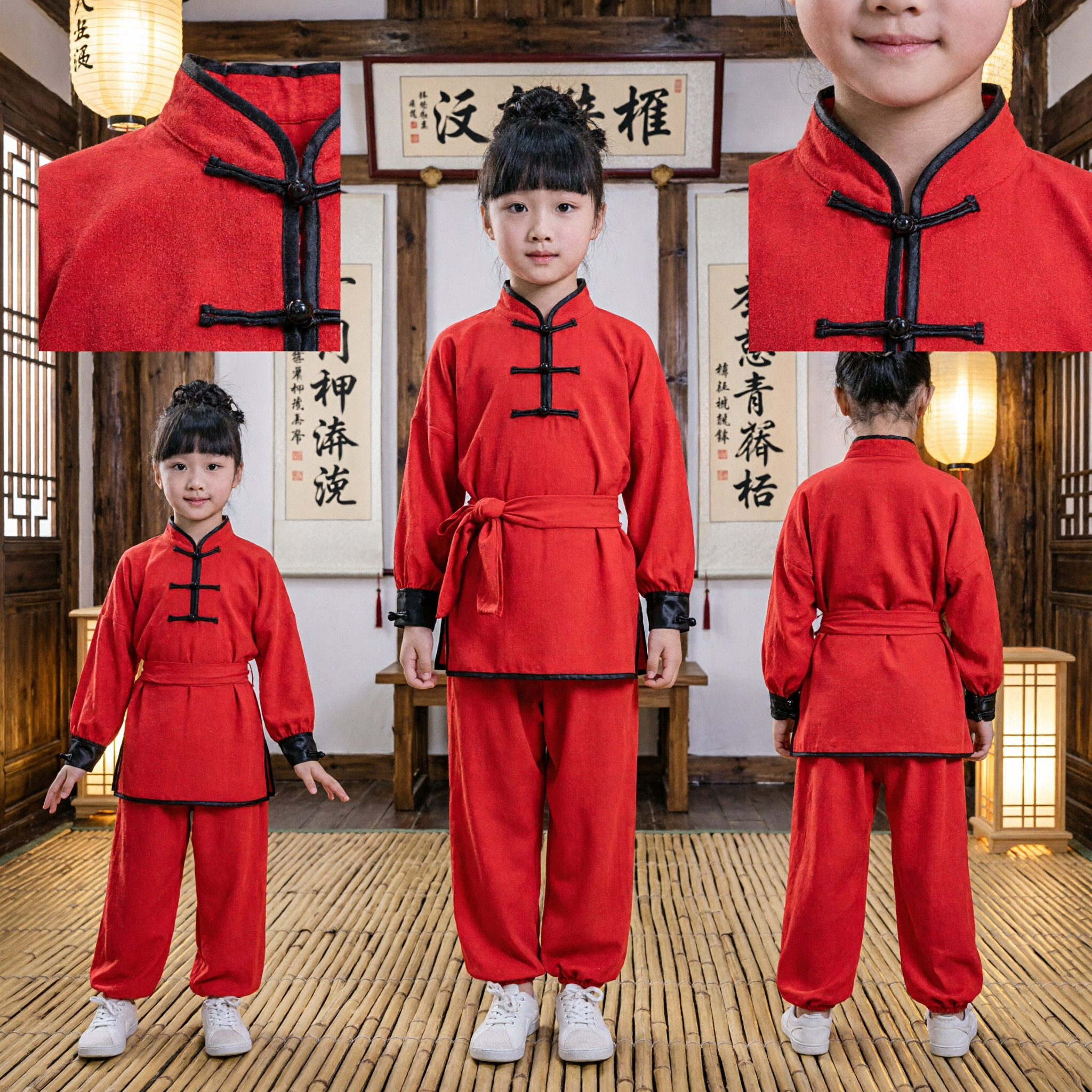 Kids Traditional Chinese Kung Fu Uniform Red Martial Arts Wushu Tai Chi Costume for Boys Girls
