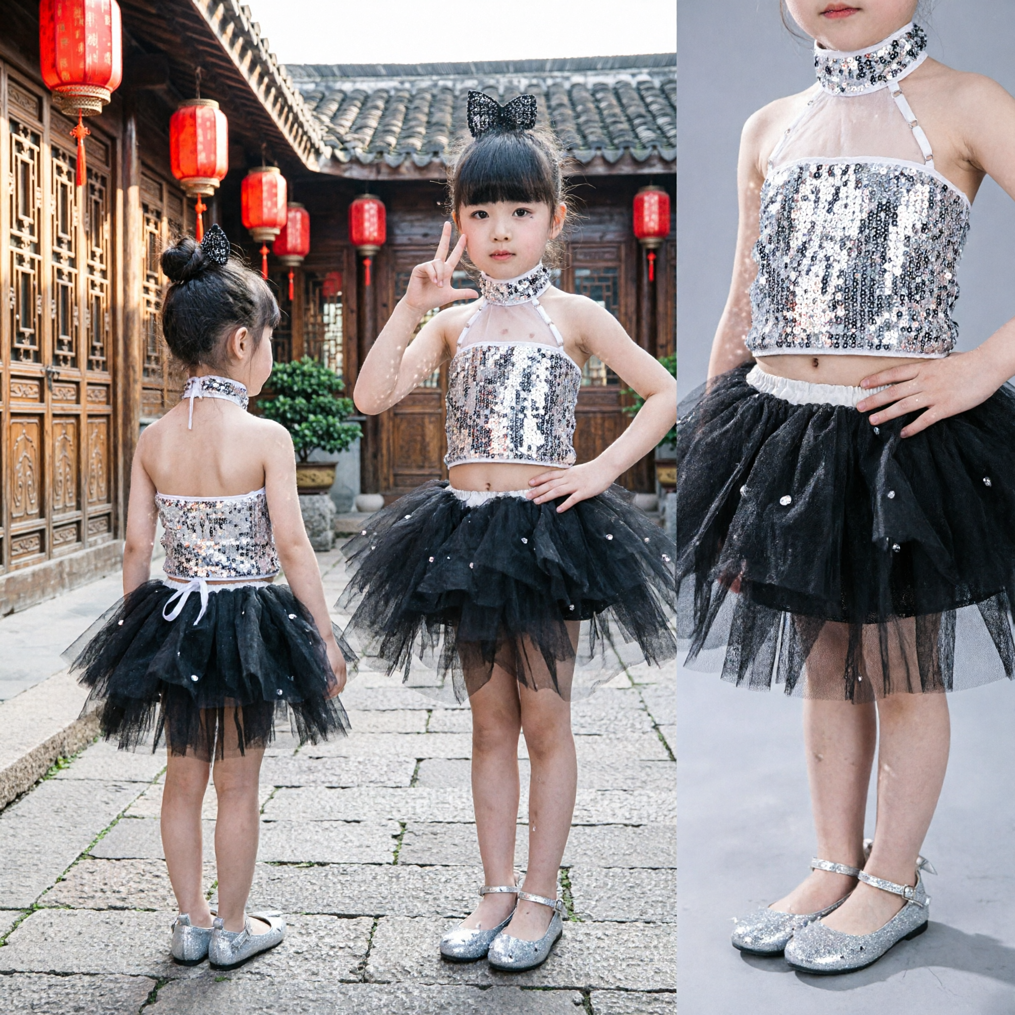Girls Silver Sequin Jazz Dance Costume Black Tutu Skirt Set Kids Stage Performance Outfit Wear