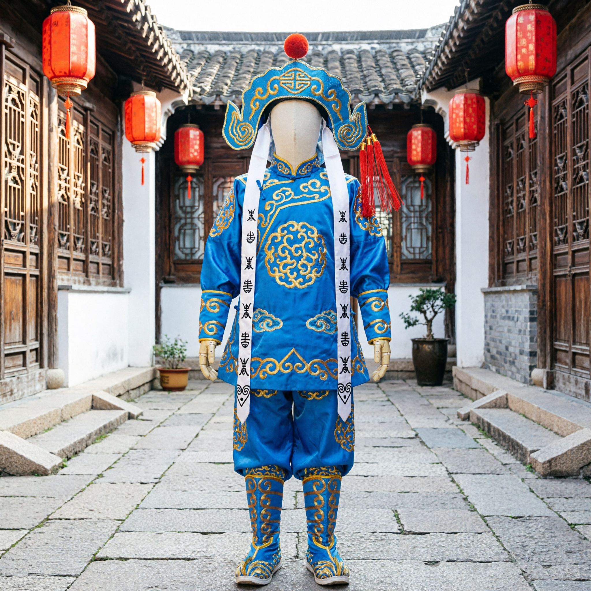 Traditional Chinese Peking Opera Blue General Costume Embroidered Warrior Outfit with Helmet for Adult Performance