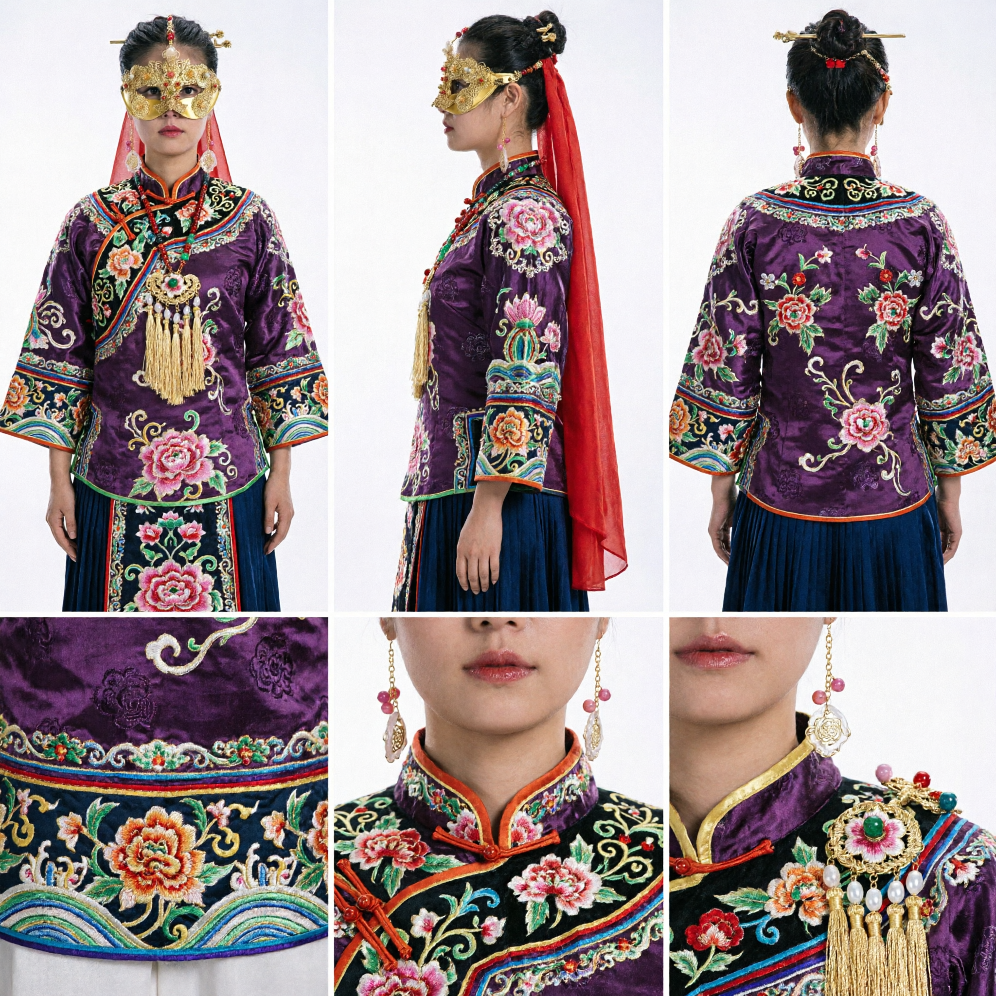 Exquisite Gold Metal Filigree Masquerade Mask with Colorful Gems Traditional Chinese Style for Women Costume Party