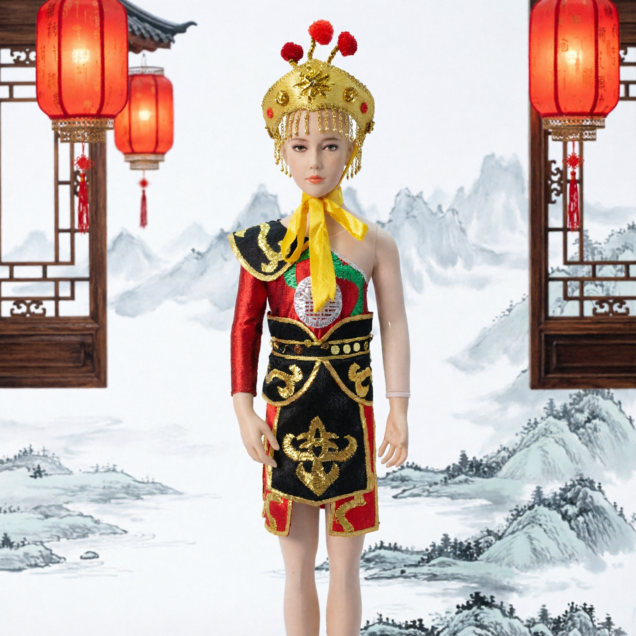 Kids Traditional Chinese Peking Opera Costume Yellow Headdress Black Gold Embroidery Dress for Stage Performance