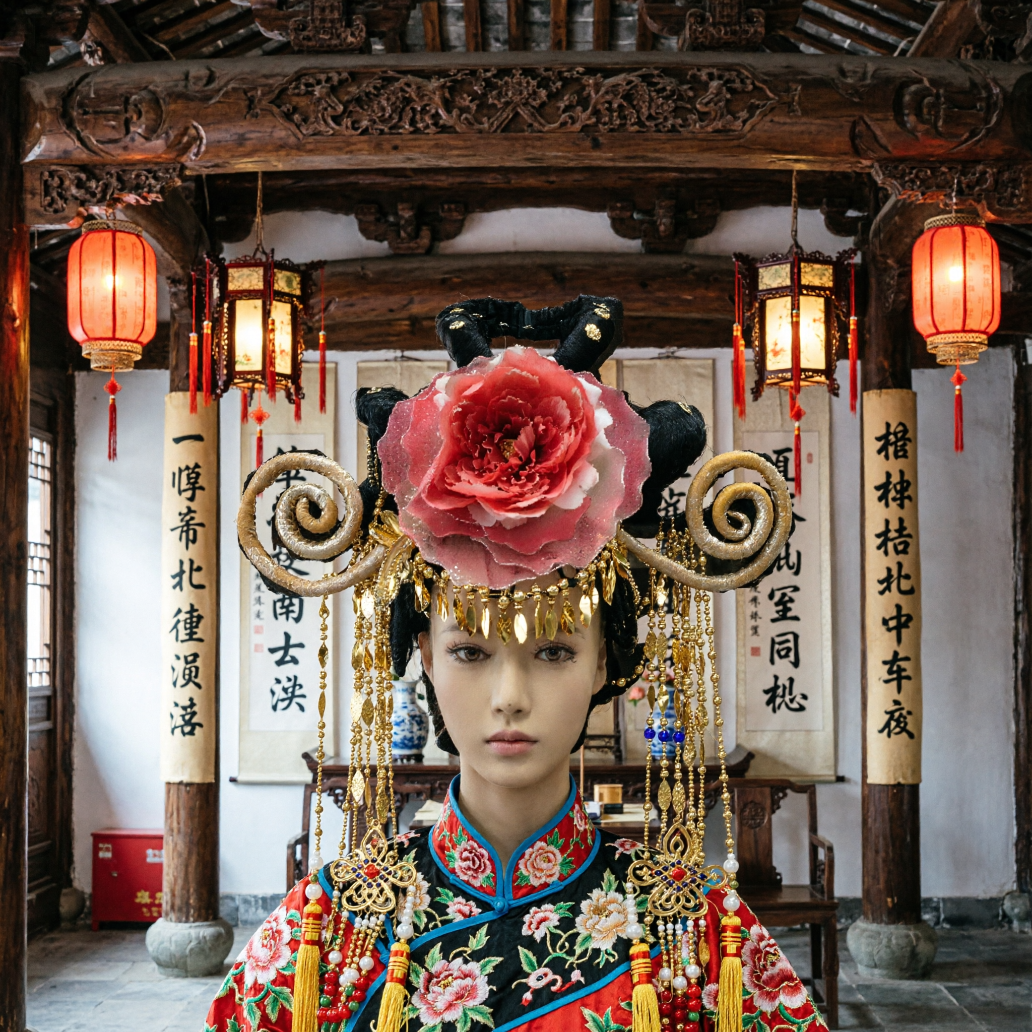 Traditional Chinese Peking Opera Headpiece with Pink Peony Flower and Gold Wire Spirals for Women's Costume Performance