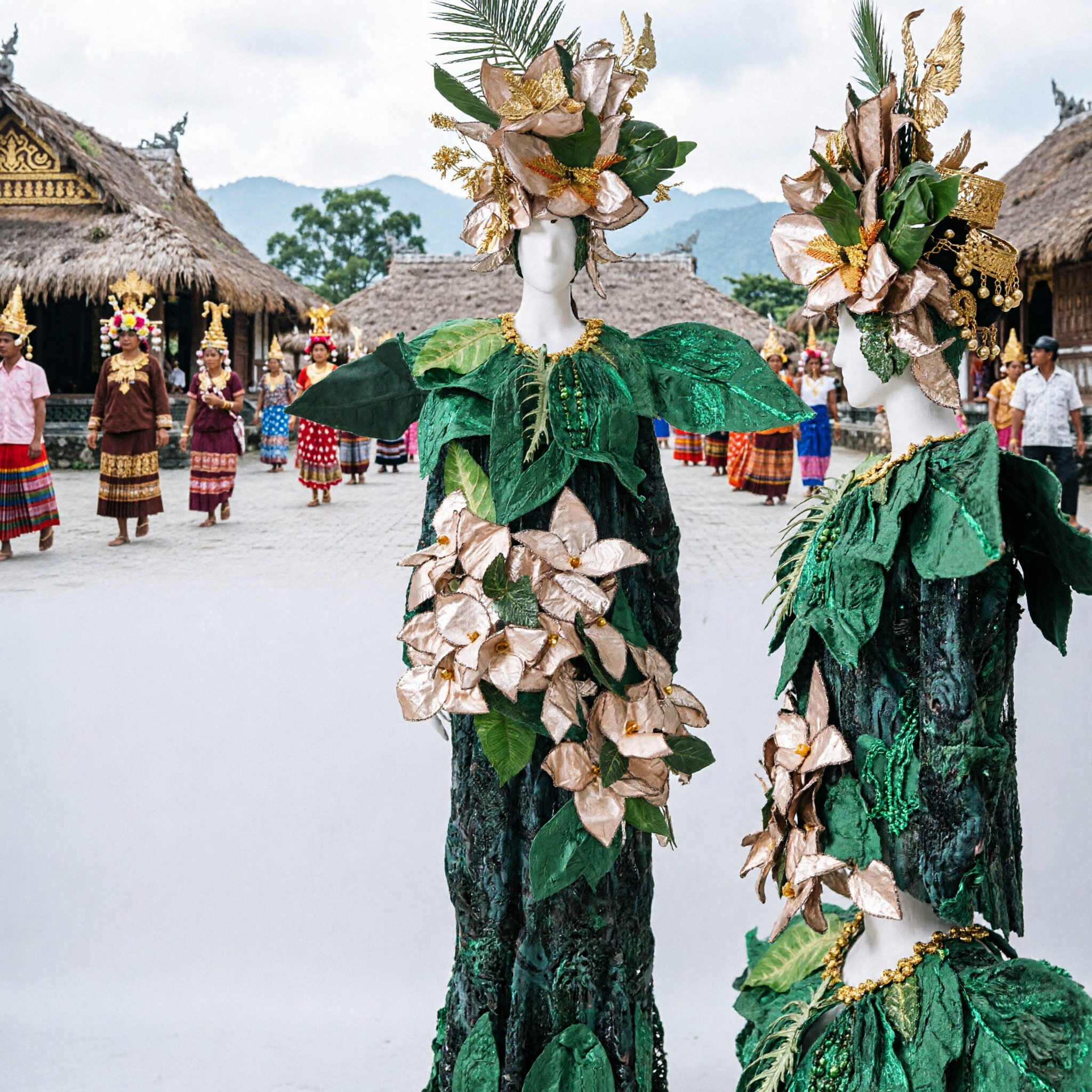 Elaborate Green Leaf and Gold Flower Fantasy Dress with Headpiece for Women Carnival Stage Performance