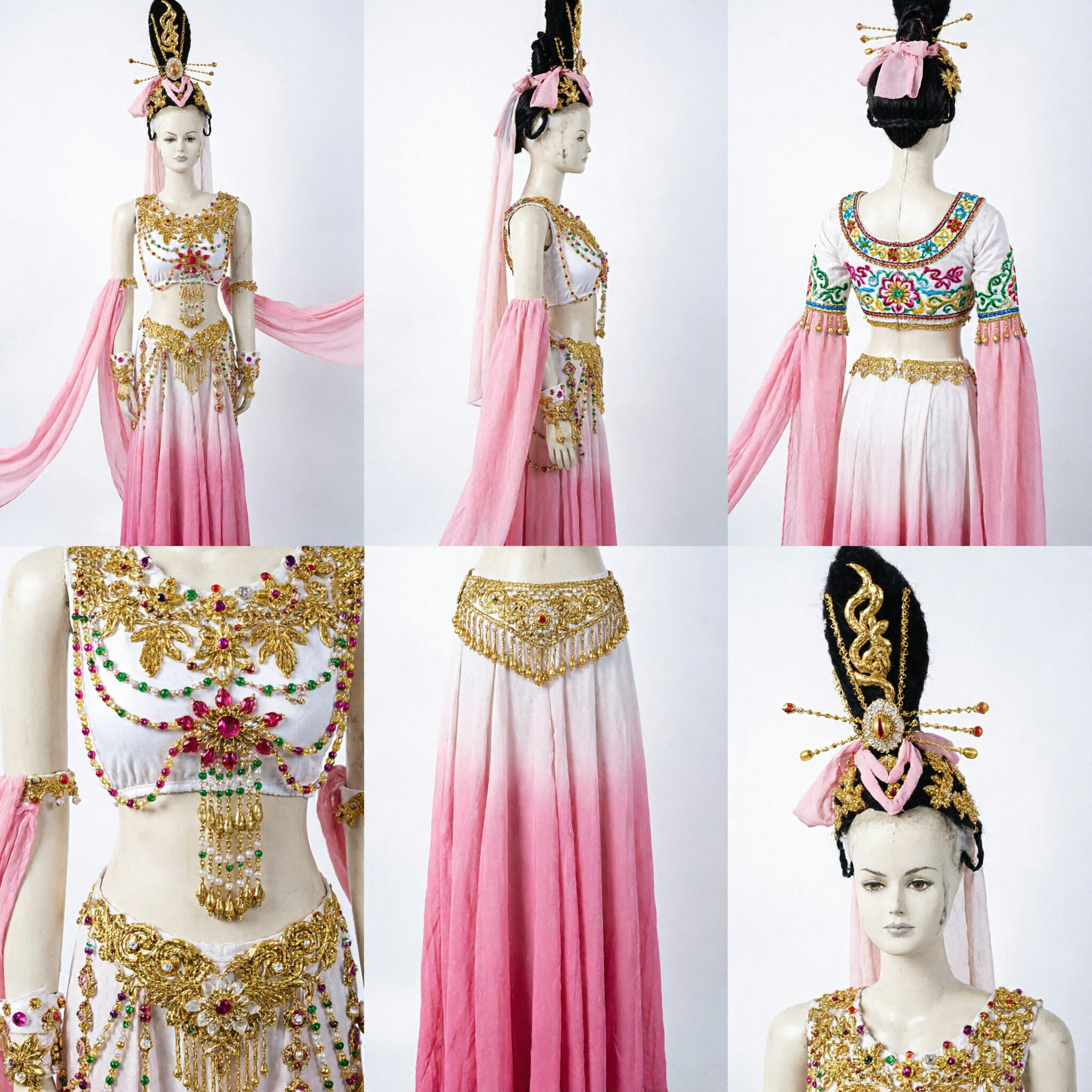 Women's Pink Dunhuang Flying Apsara Chinese Classical Dance Costume with Gold Jewelry for Stage Performance