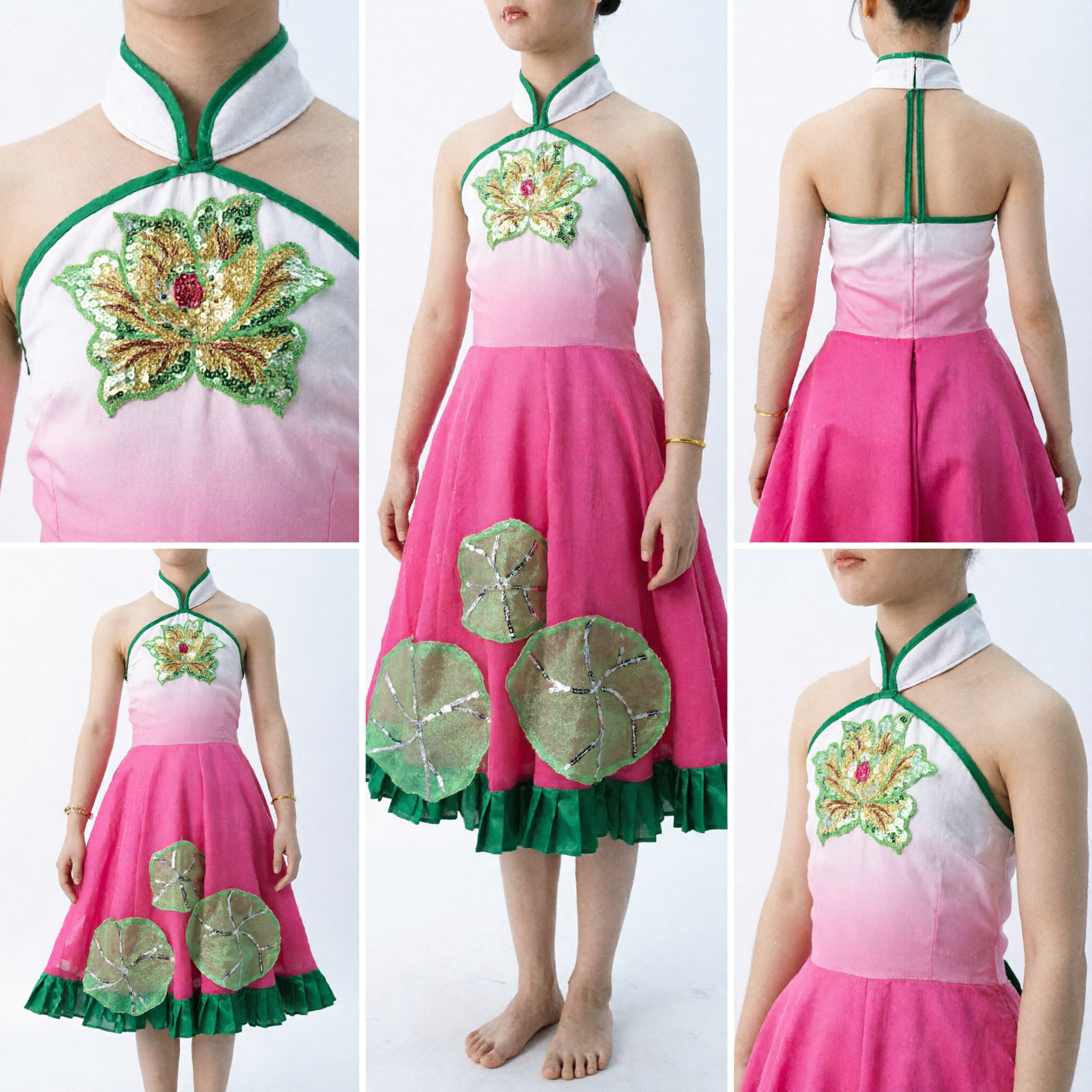 Traditional Chinese Lotus Dance Costume Pink Folk Dress Performance Outfit with Green Leaf Skirt for Girls