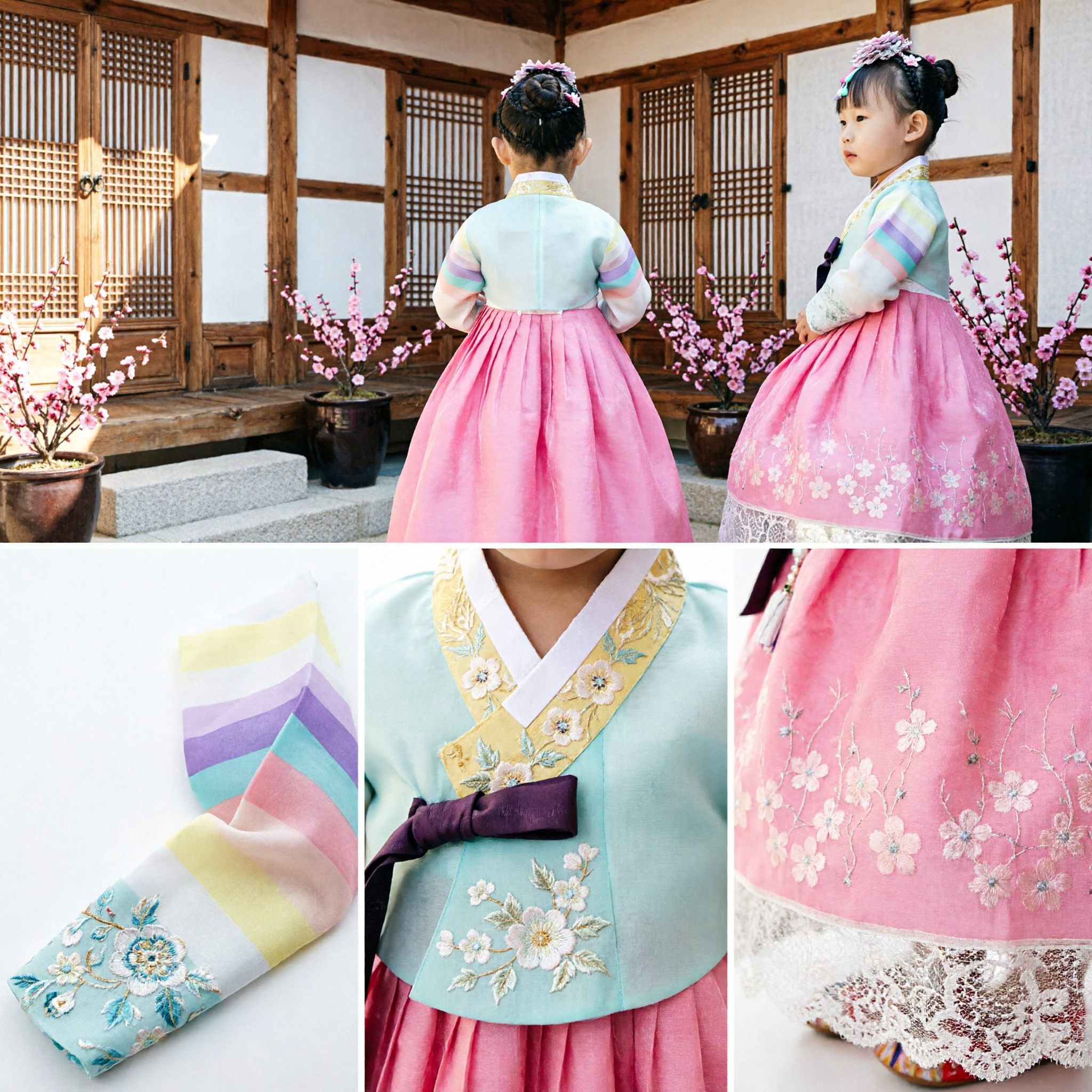 Traditional Korean Hanbok Dress for Girls Pink Chima Rainbow Jeogori for Dol Birthday Wedding
