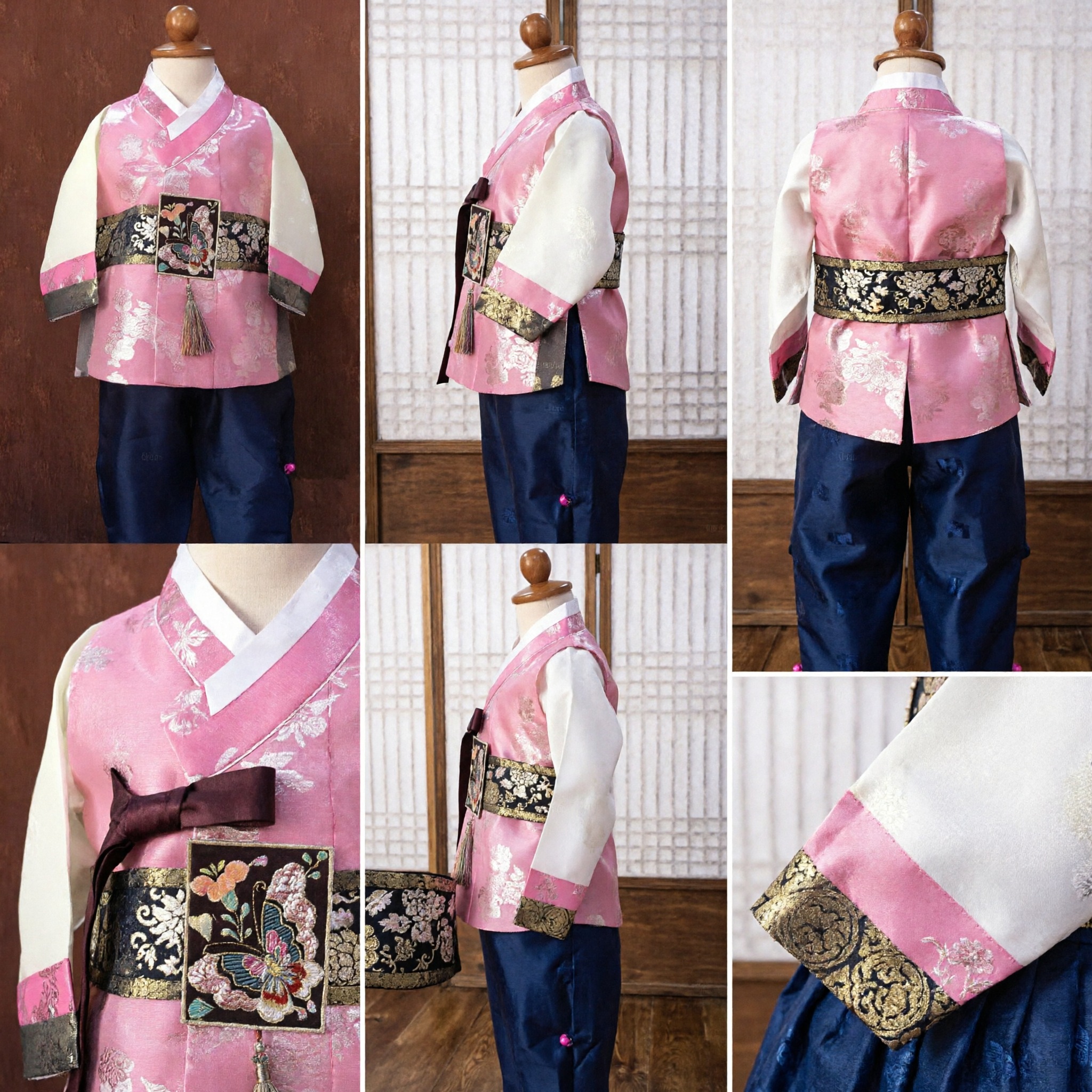 Kids Korean Traditional Hanbok Set Pink Floral Top Blue Pants Butterfly Sash for First Birthday Celebration