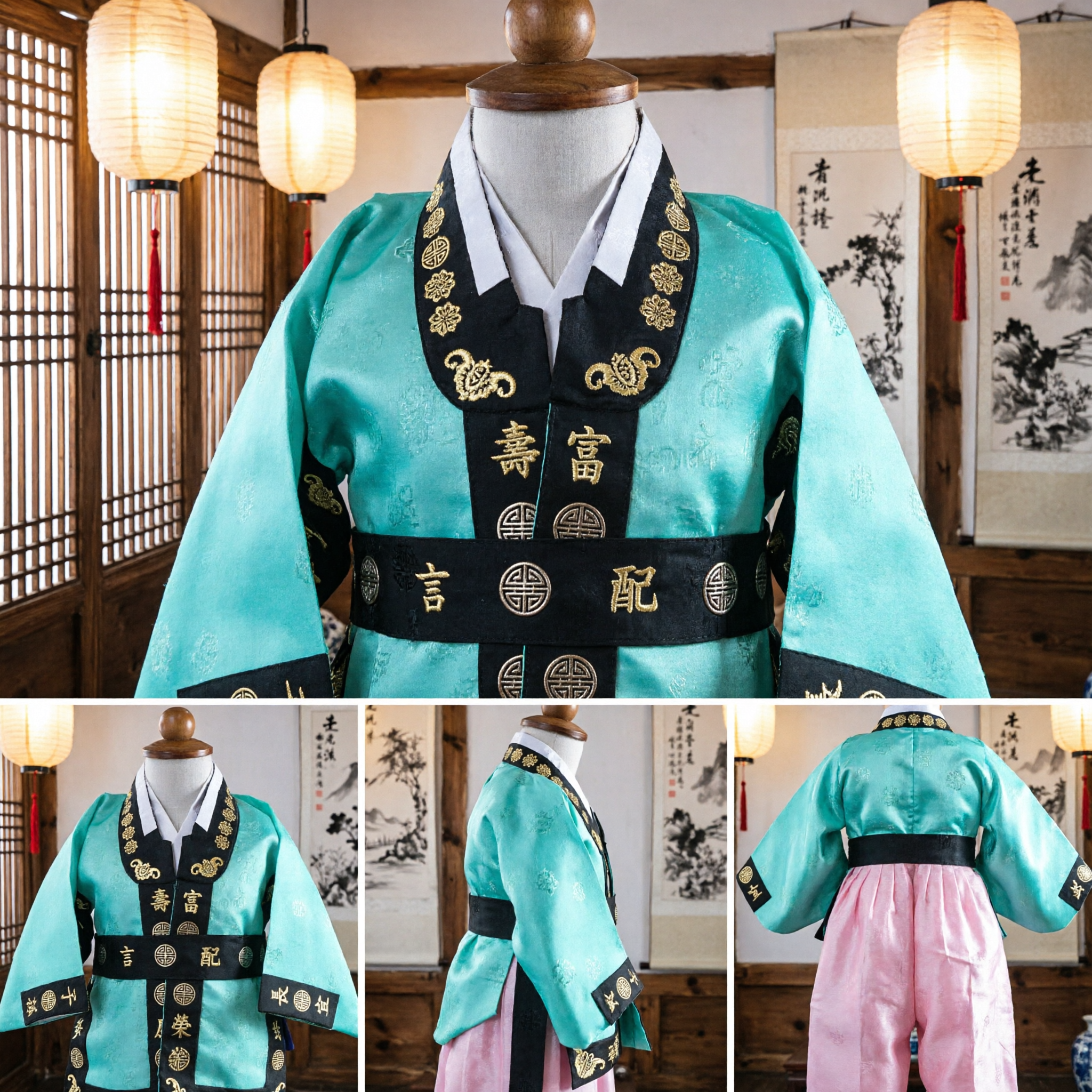 Traditional Korean Hanbok for Boys Teal Jeogori with Gold Embroidery and Pink Pants Wedding Outfit