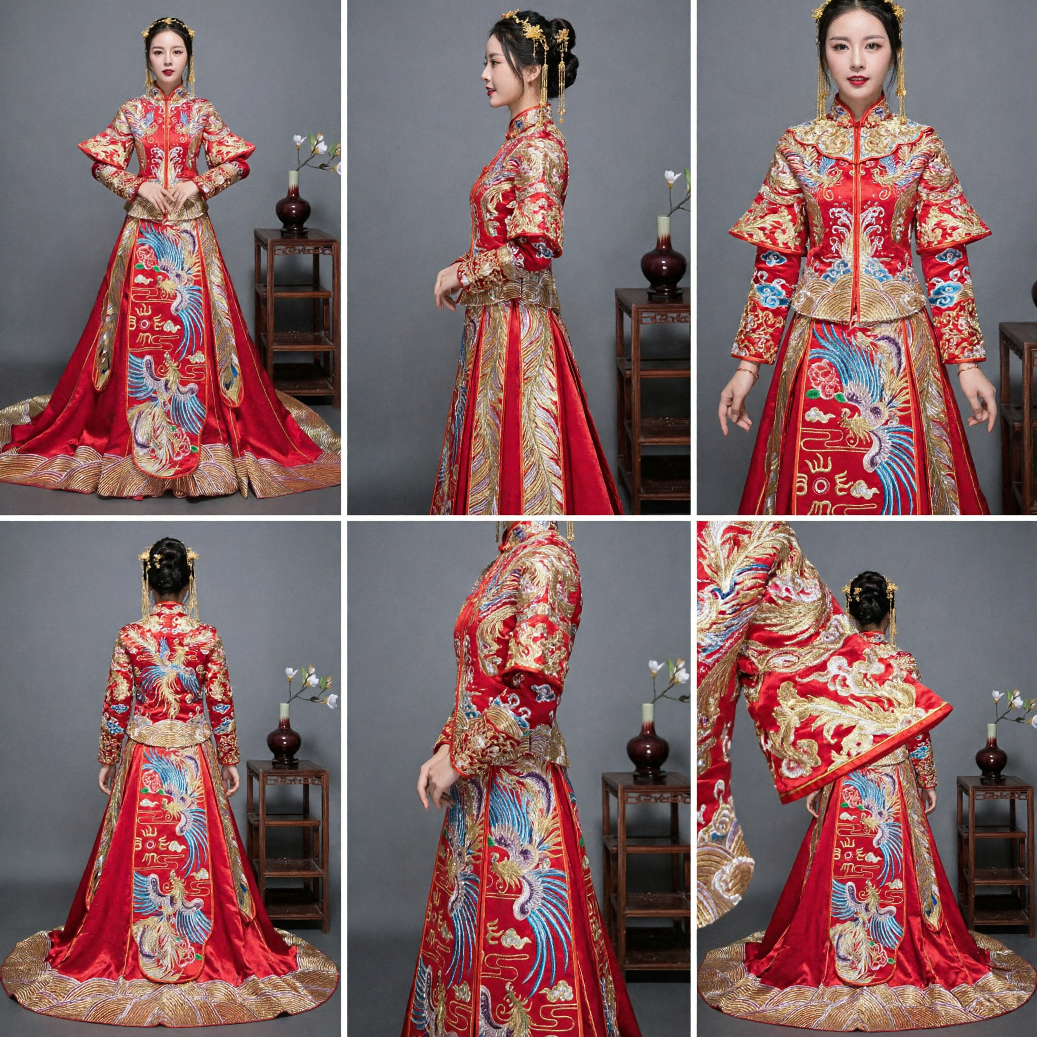 Traditional Chinese Wedding Dress Red Xiuhe Suit Dragon Phoenix Embroidery Gown for Bride