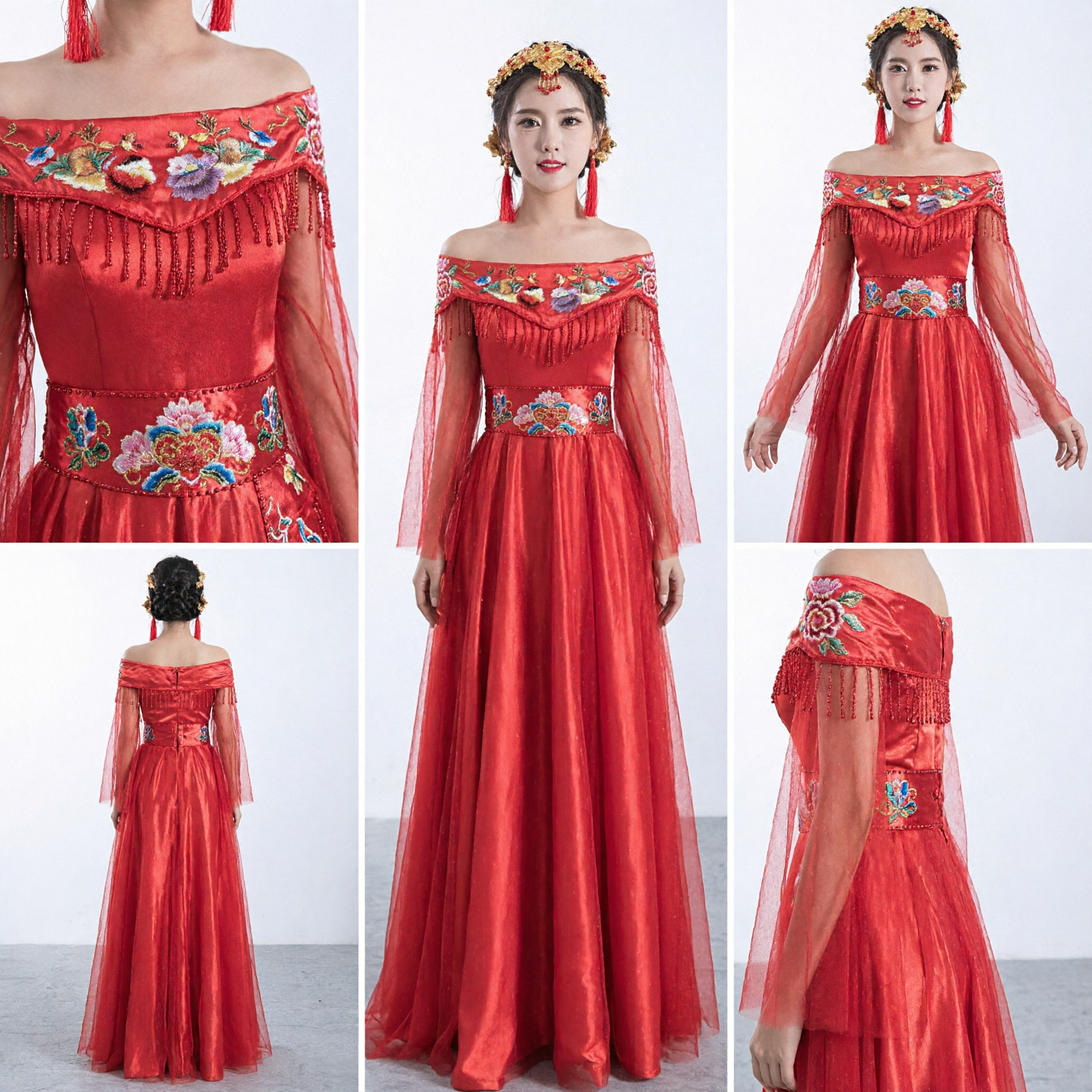 Chinese Traditional Red Wedding Dress Off-Shoulder Floral Embroidery Gown for Bride and Evening Party