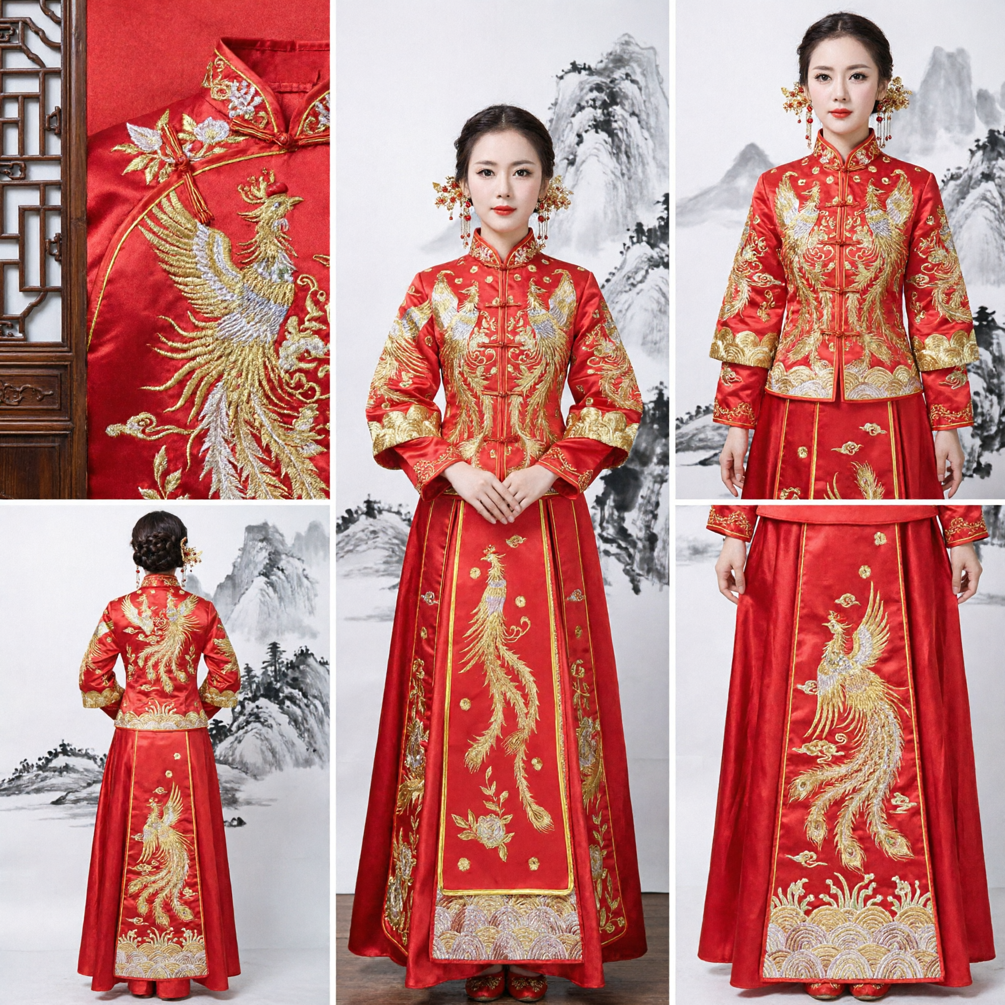 Traditional Chinese Wedding Dress Red Xiuhe Suit Gold Phoenix Embroidery Bridal Gown for Tea Ceremony