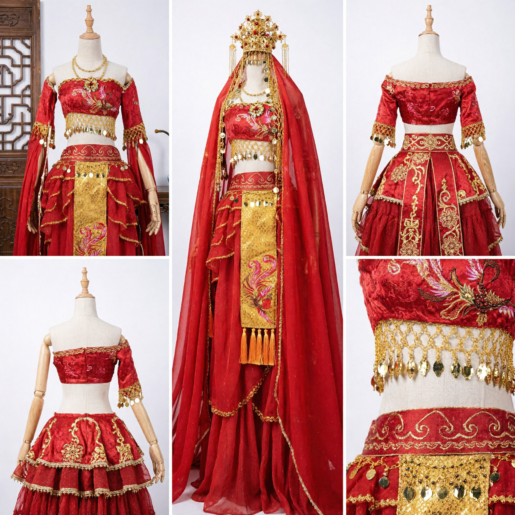 Women's Red Traditional Belly Dance Costume Set with Veil and Gold Embroidery for Stage Performance