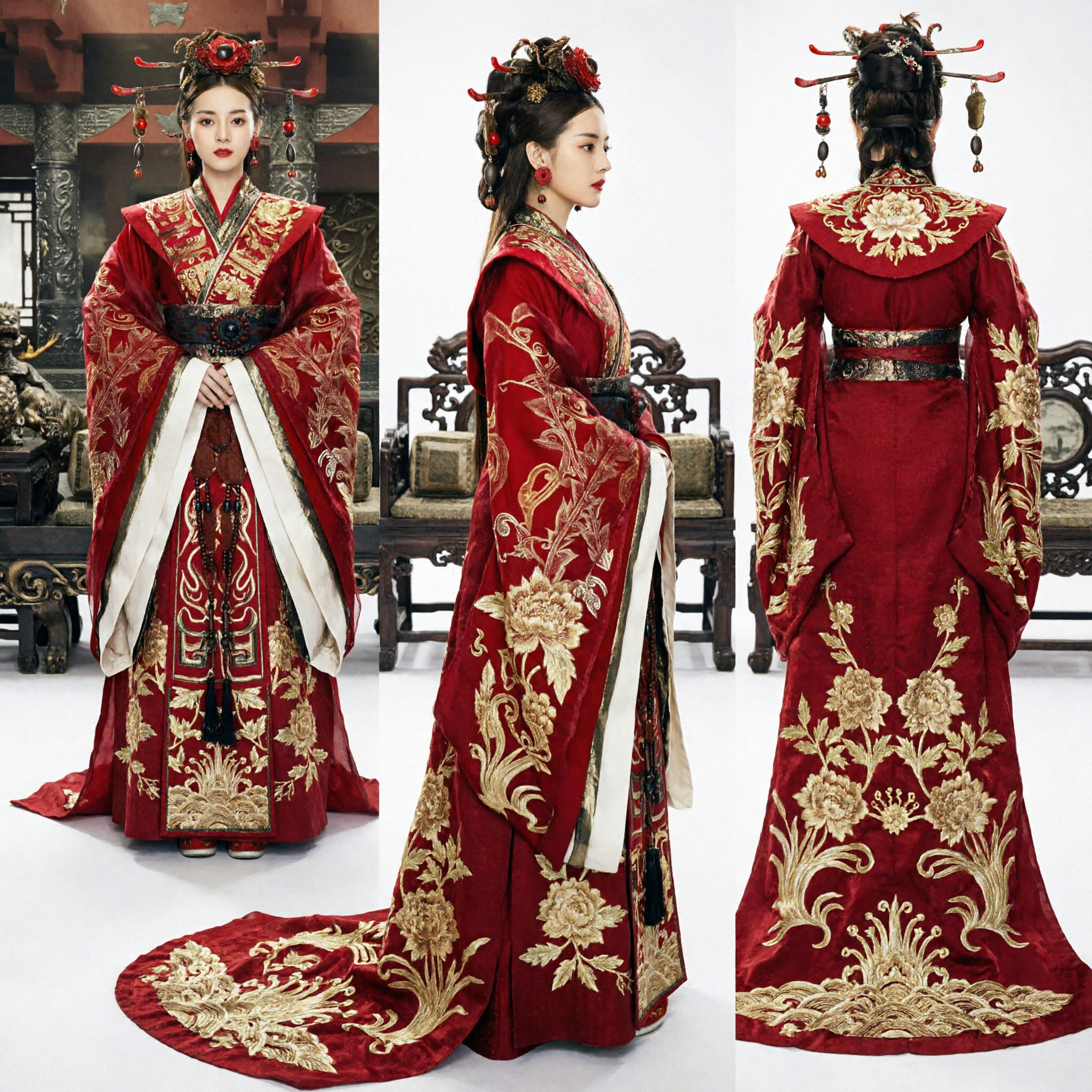Traditional Chinese Ancient Red Velvet Hanfu Embroidered Queen Empress Wedding Dress Historical Costume for Women