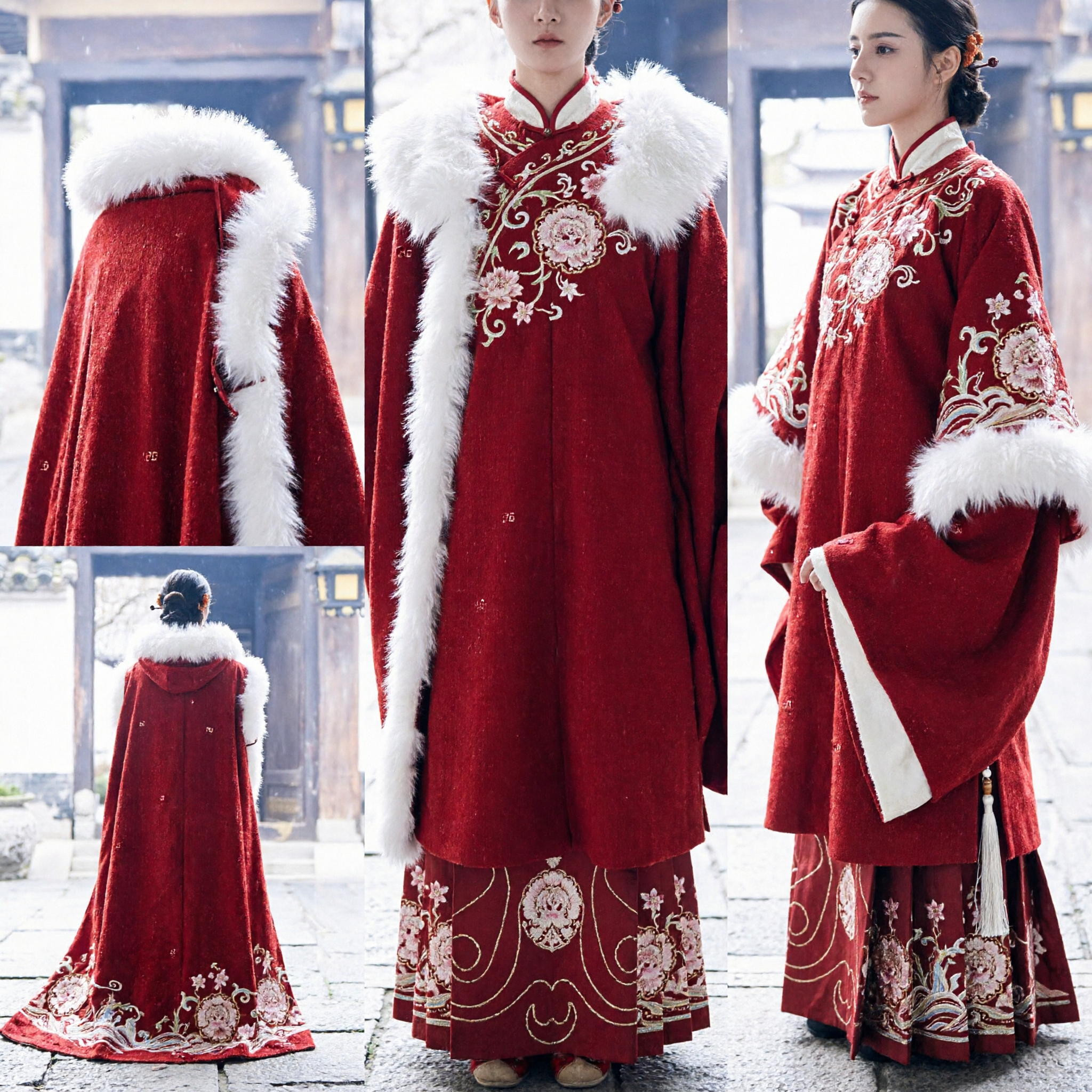 Ancient Chinese Red Hanfu Winter Cloak with White Fur Trim Traditional Historical Costume for Women