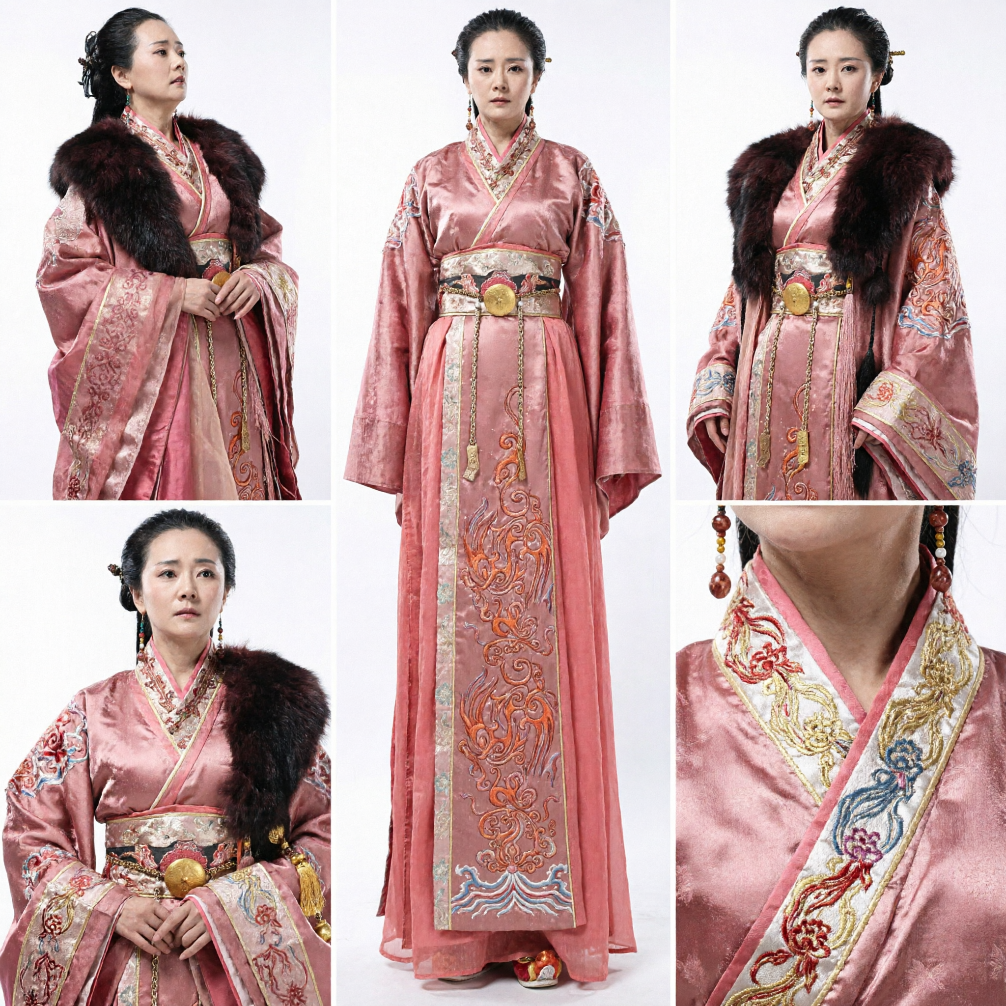 Ancient Chinese Pink Noble Lady Hanfu Robe with Fur Collar for Women Cosplay Historical Drama