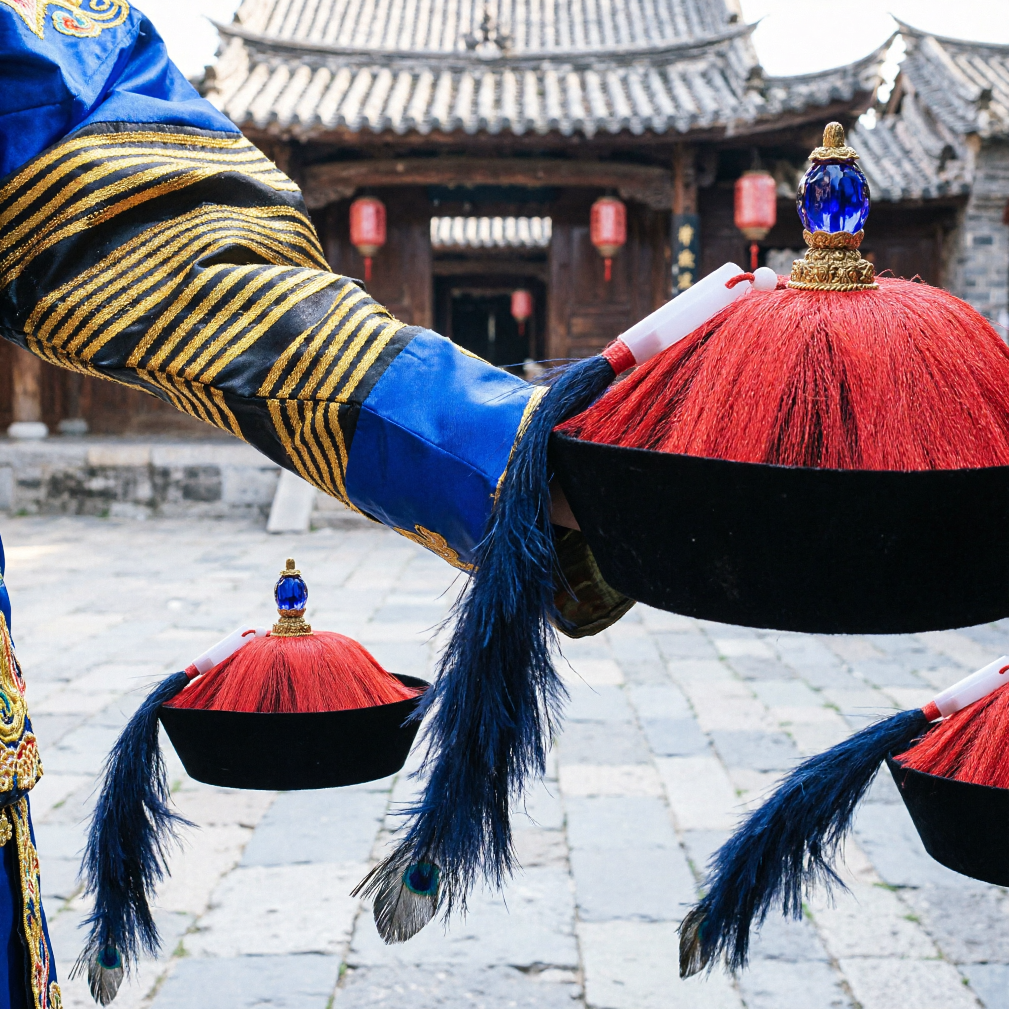 Traditional Chinese Qing Dynasty Official Hat with Peacock Feather and Red Tassel for Men's Costume