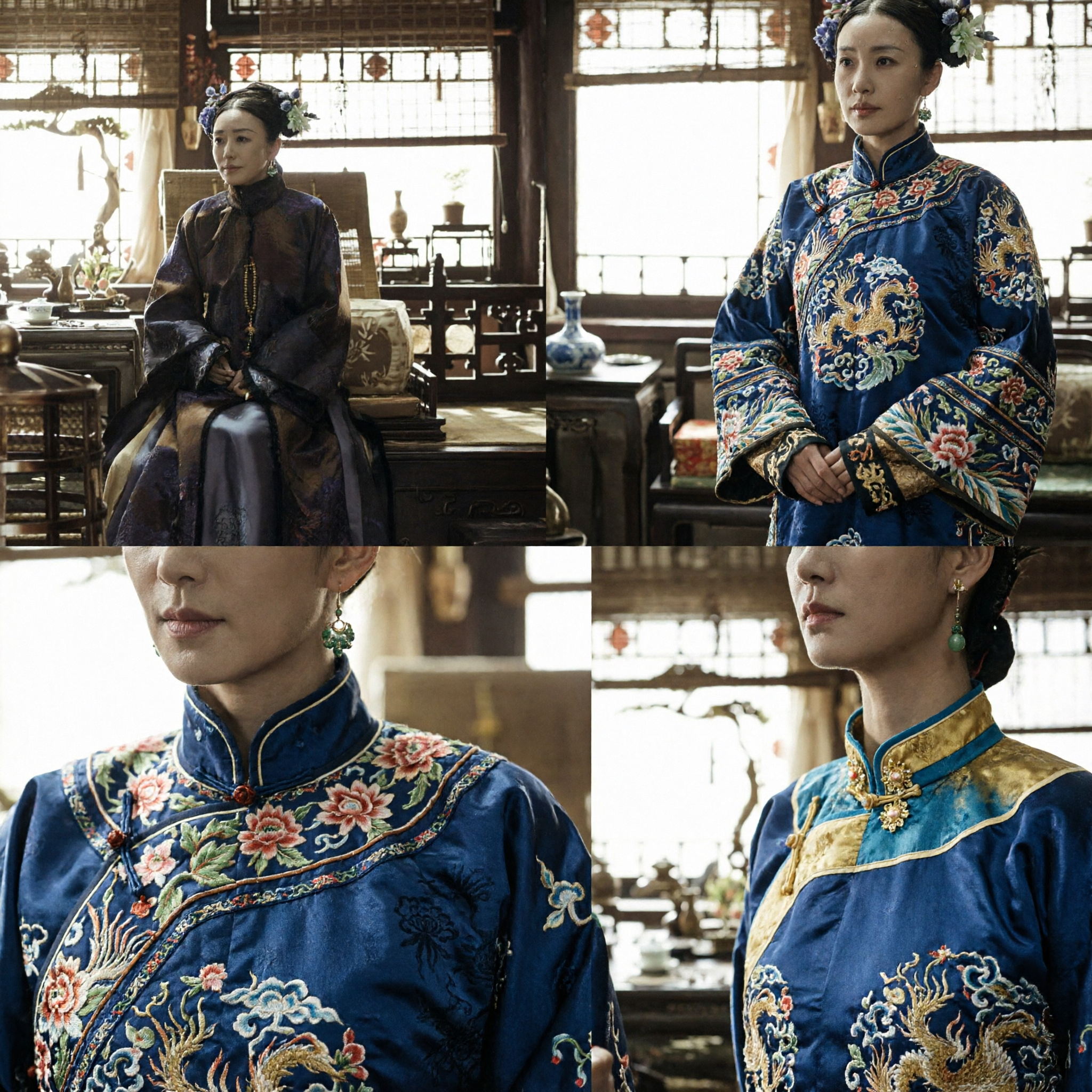 Traditional Chinese Qing Dynasty Noblewoman Costume Dark Blue Embroidered Robe for Women Historical Cosplay