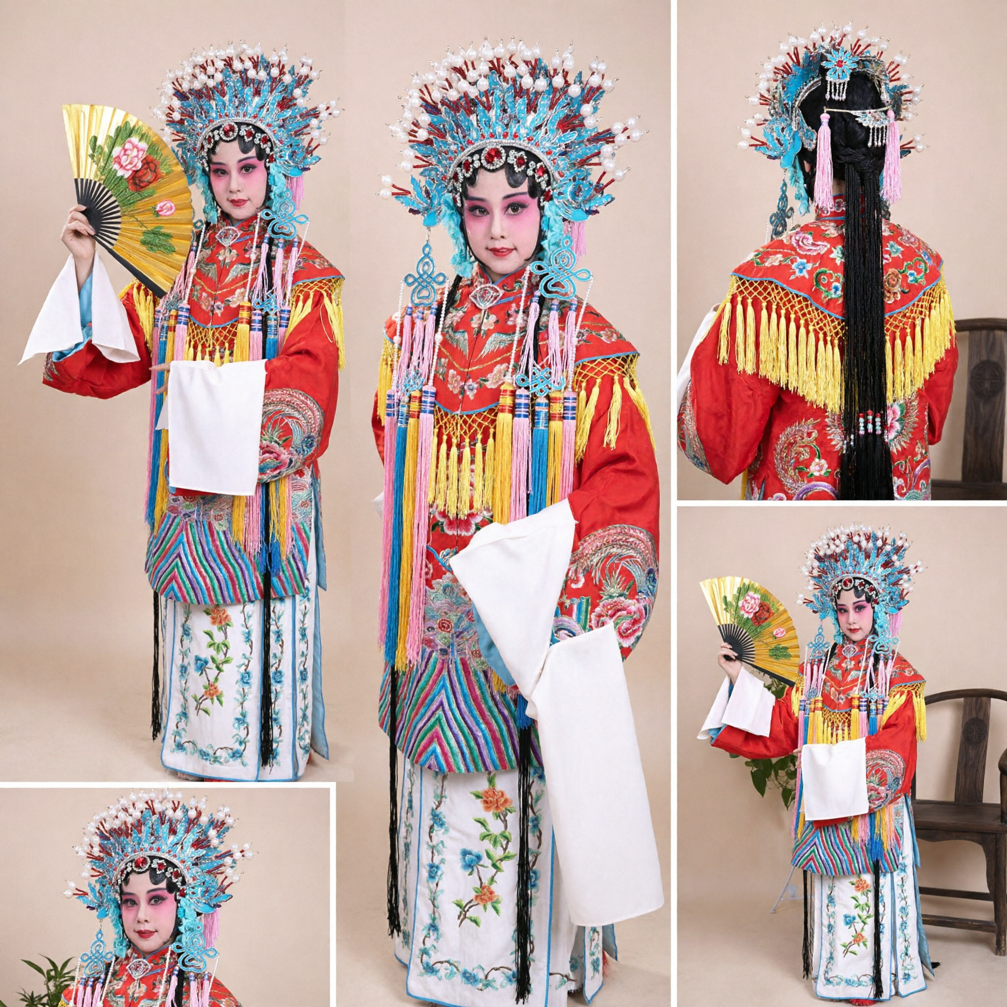 Traditional Chinese Peking Opera Costume for Women Red Embroidered Dress with Headdress and Fan for Stage Performance