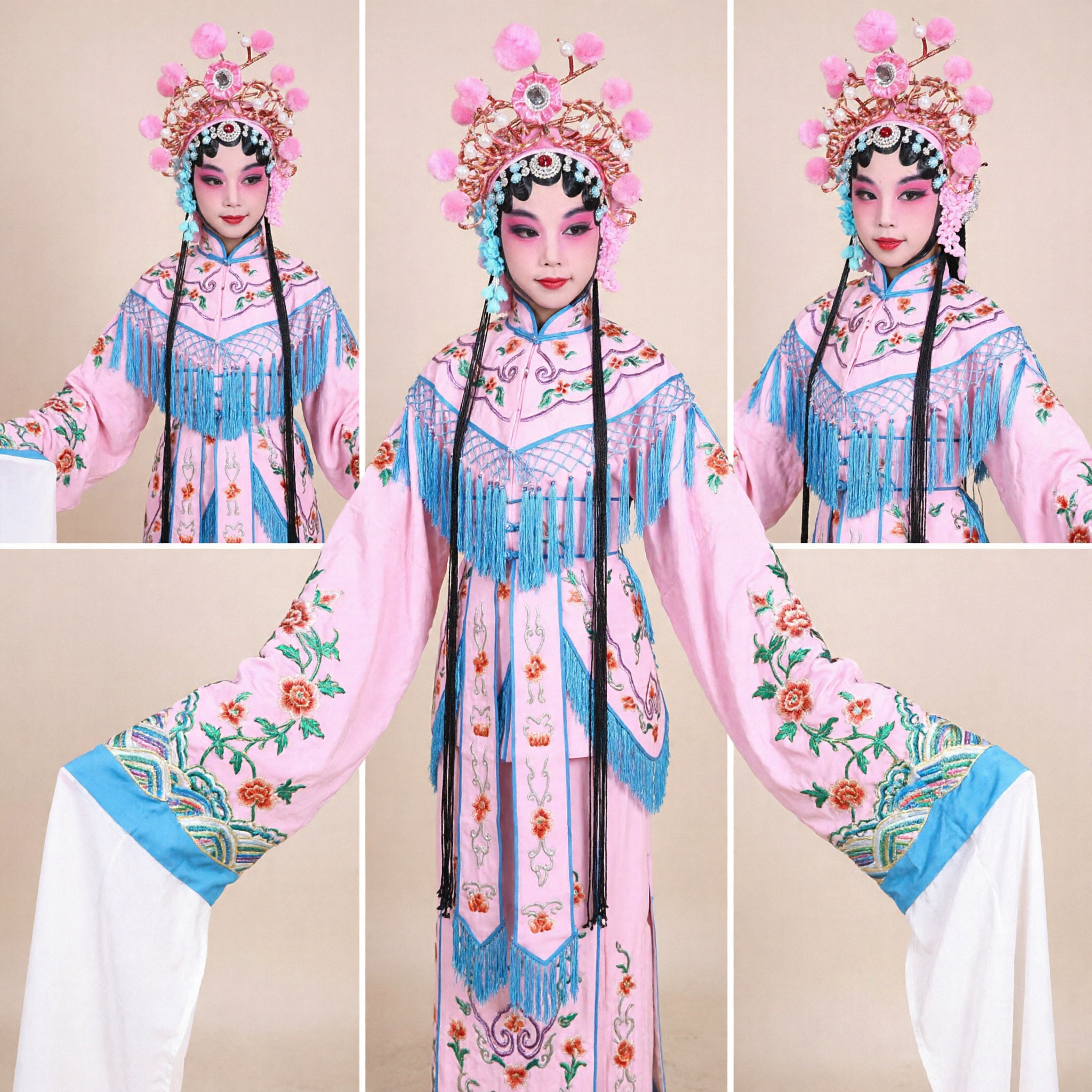 Traditional Peking Opera Costume for Girls Pink Embroidered Warrior Dress with Headdress for Kids Stage Show