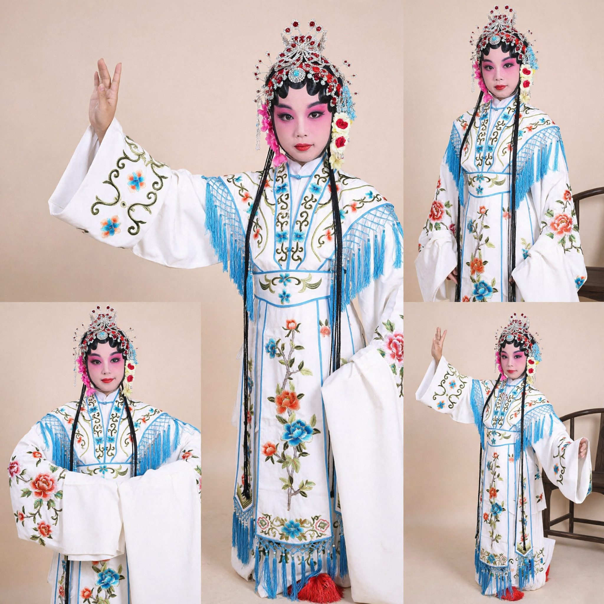 Traditional Chinese Beijing Opera Costume for Kids Girls White Embroidery Robe Headdress for Stage Show