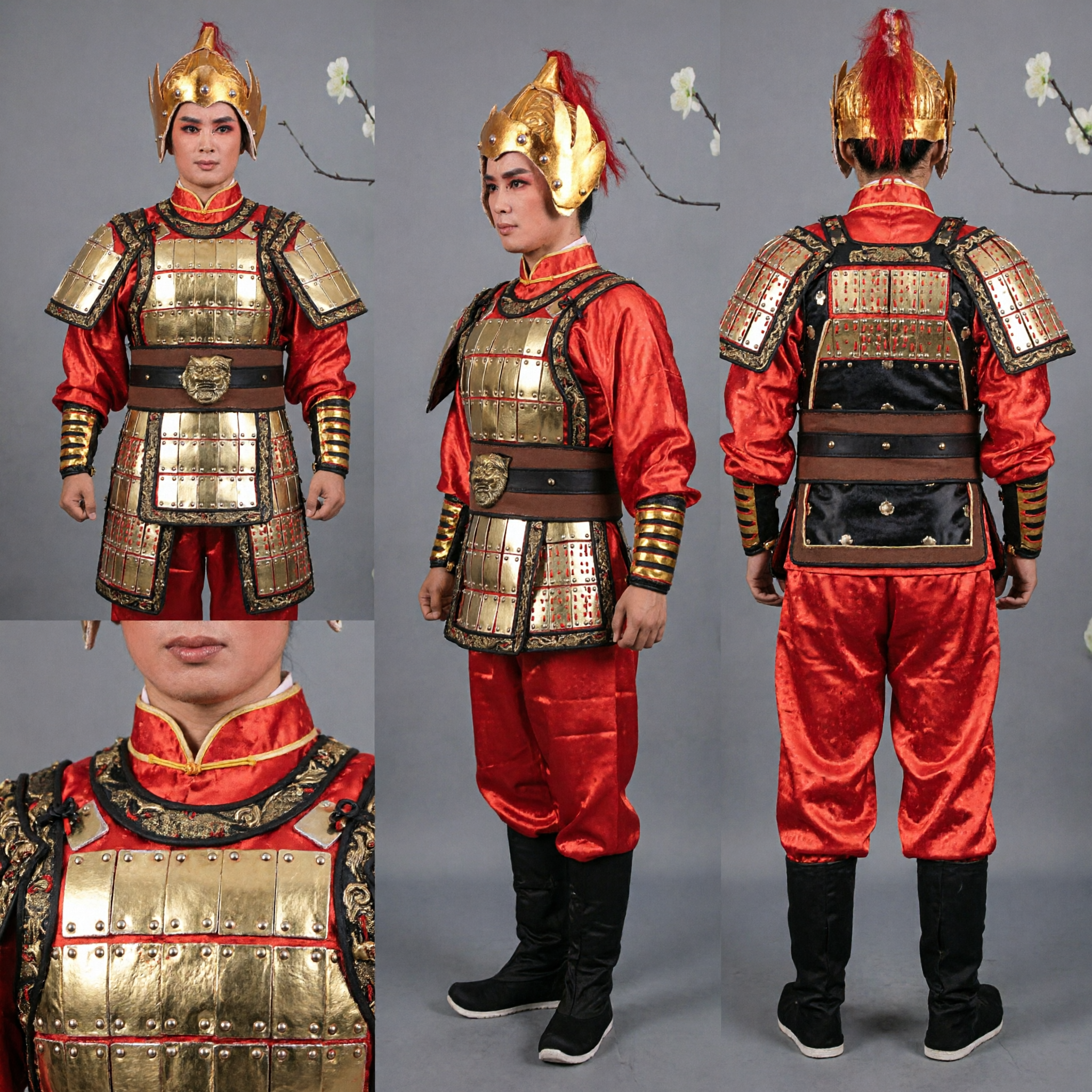 Men's Traditional Chinese General Warrior Costume Complete Set Red Satin Armor with Helmet for Stage Performance