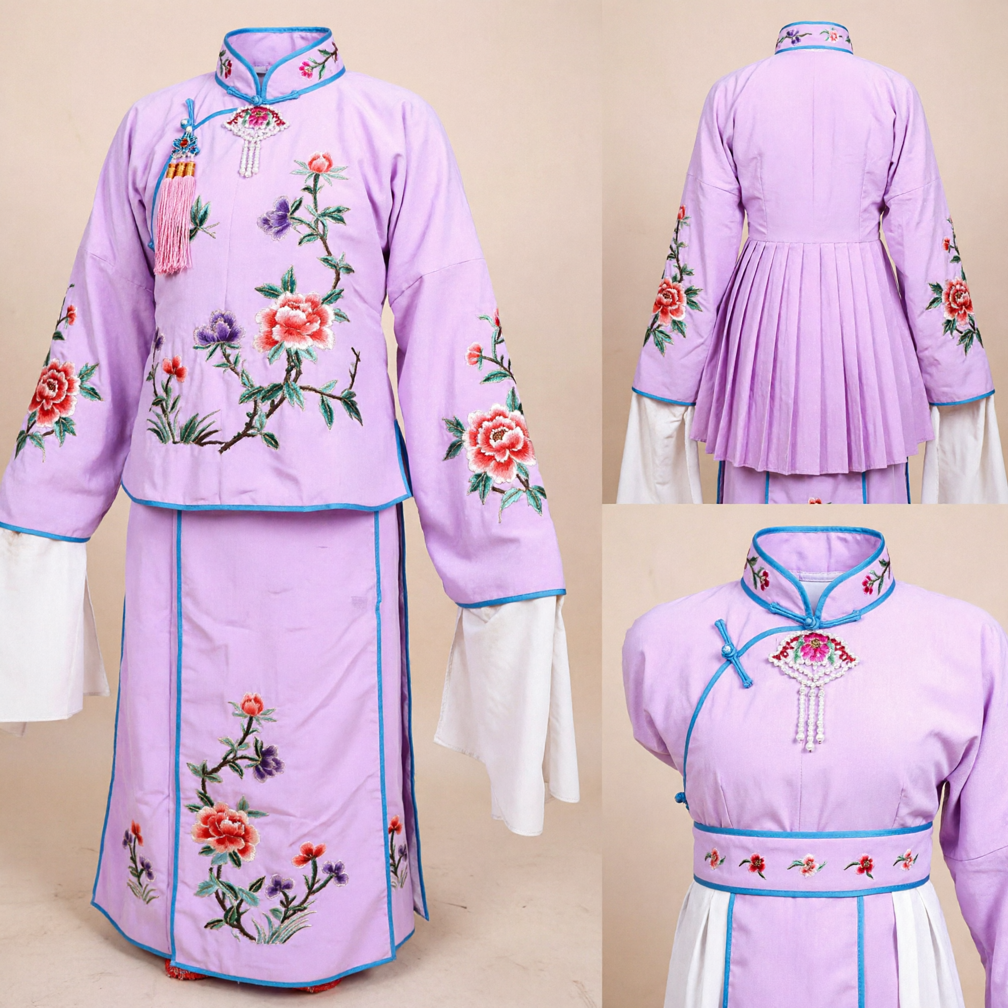 Traditional Chinese Peking Opera Costume Purple Floral Embroidered Robe with Headdress for Kids Stage Performance