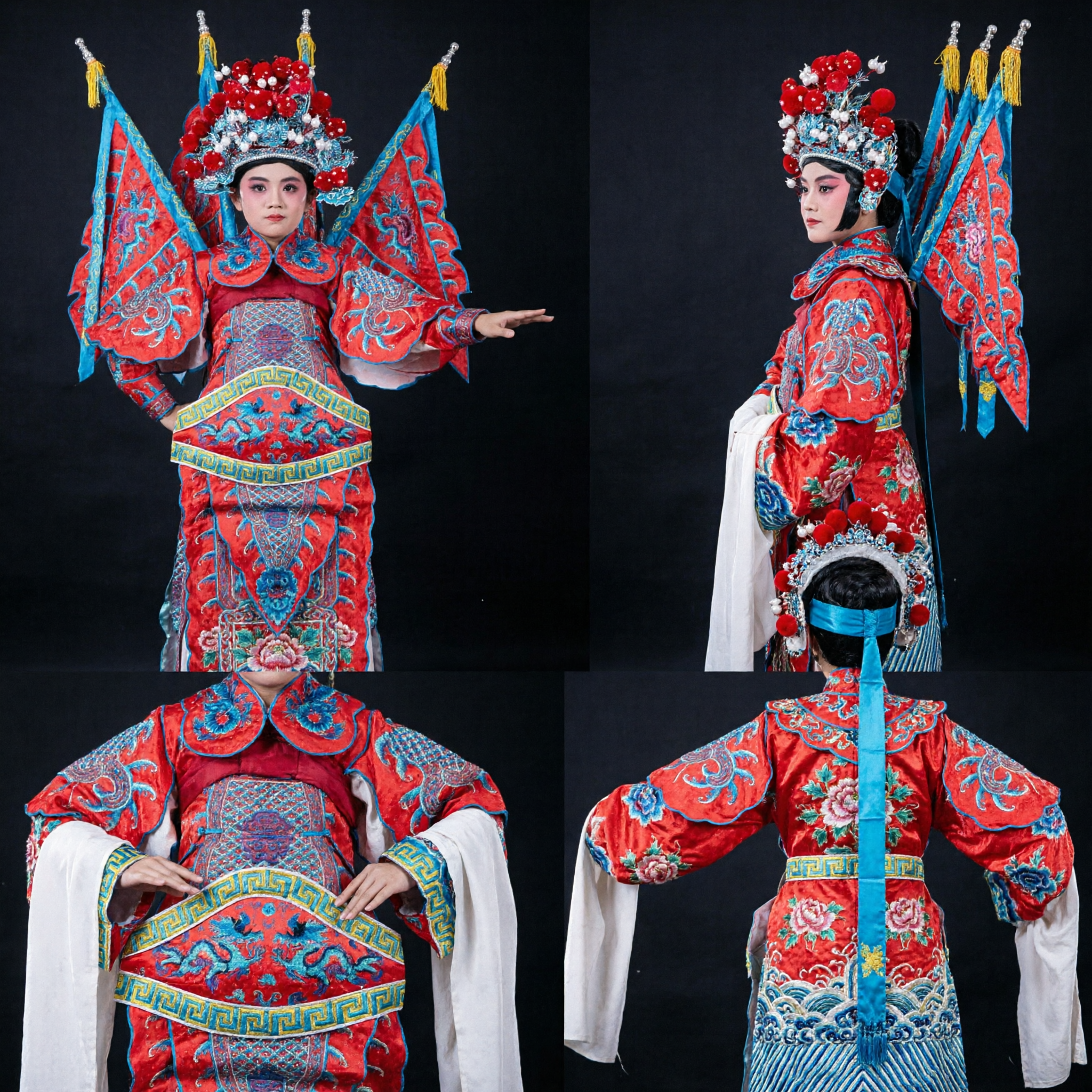 Kids Peking Opera General Costume Traditional Chinese Warrior Outfit with Back Flags and Headdress for Stage Performance