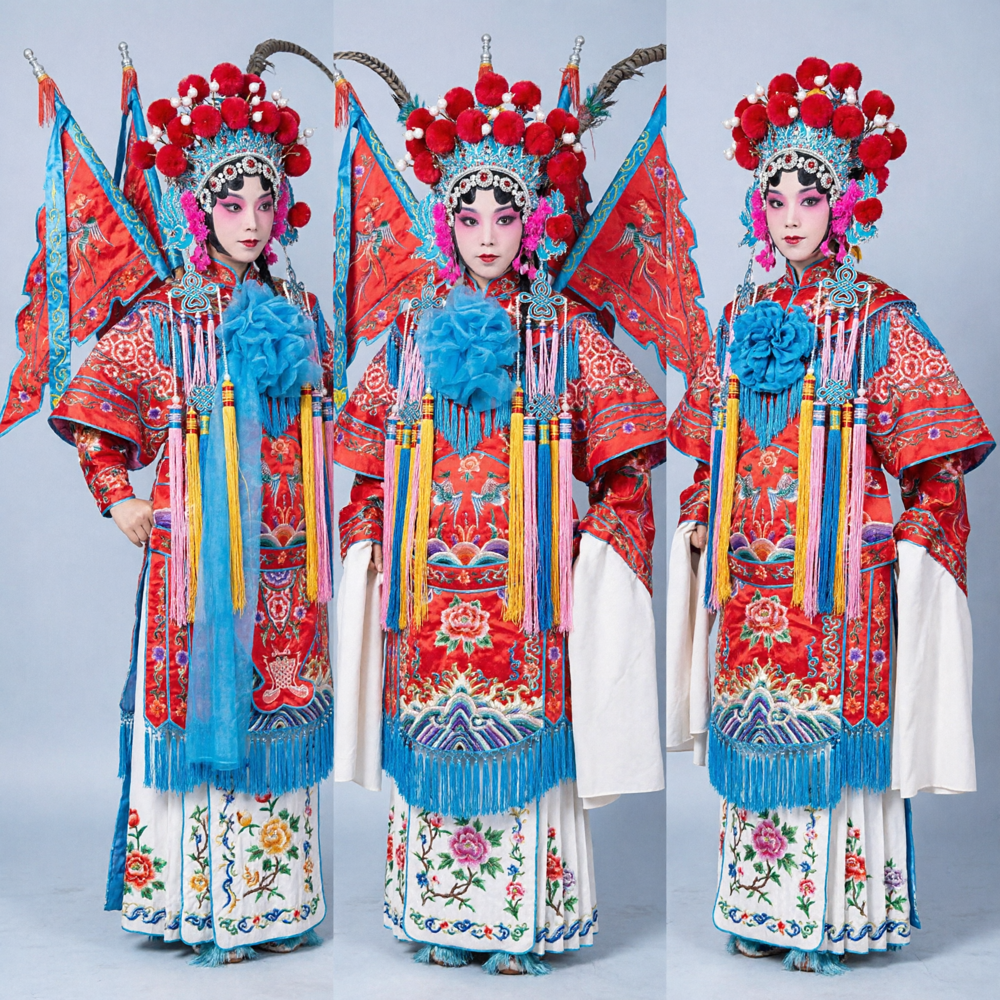 Traditional Chinese Peking Opera Female Warrior Costume Red General Armor with Flags and Headdress for Stage Performance