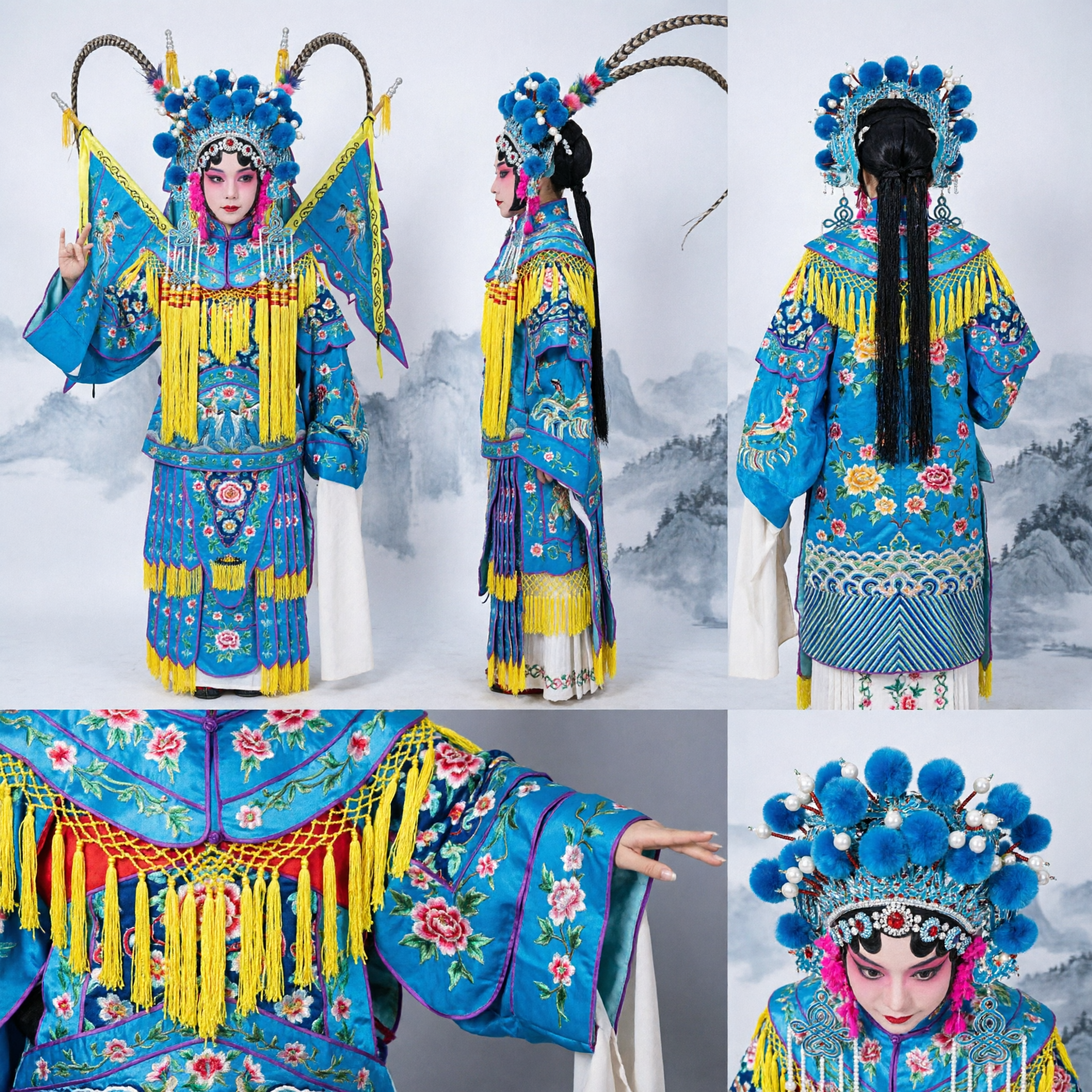 Traditional Chinese Peking Opera Female General Costume Blue Embroidered Warrior Outfit with Flags and Headdress for Women