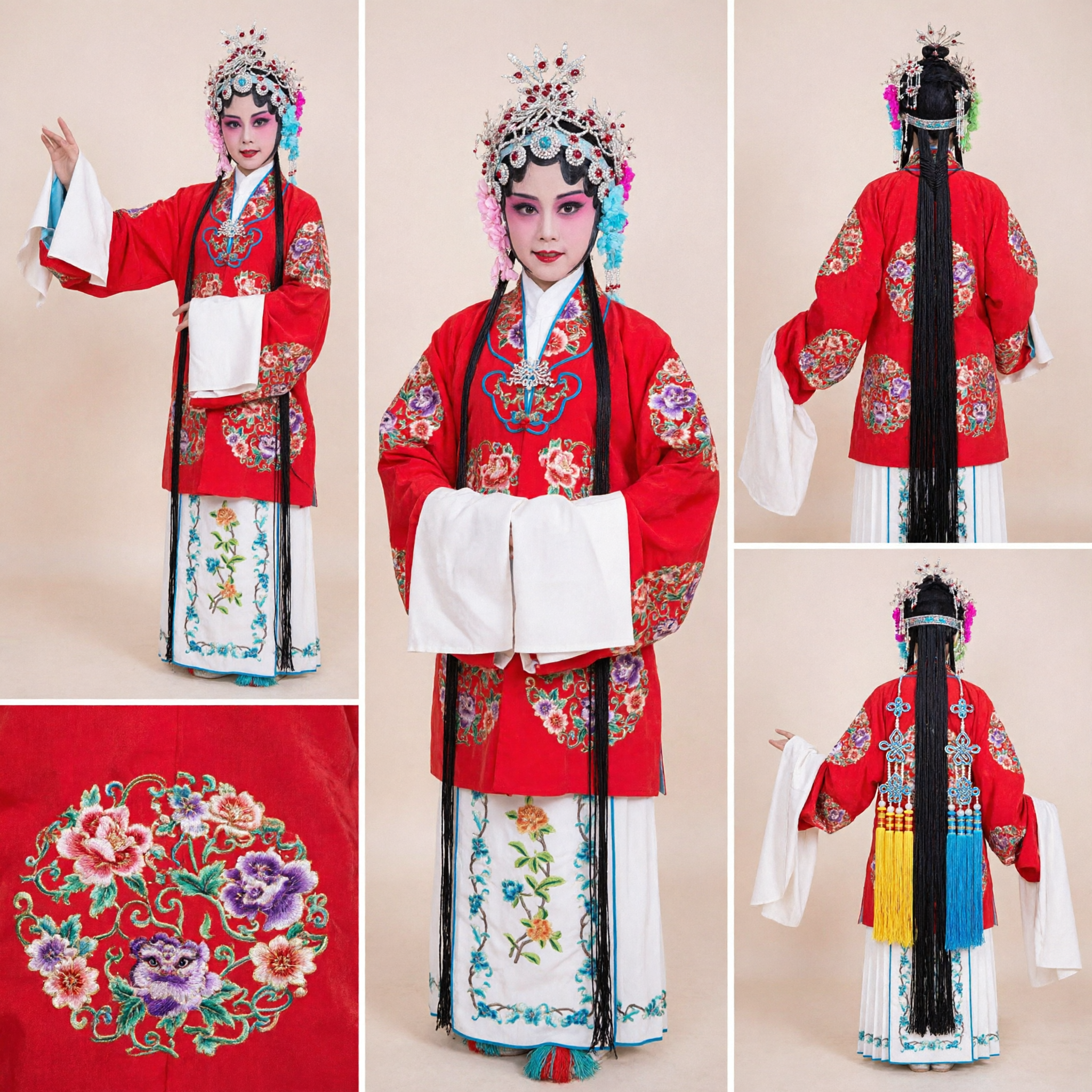 Traditional Chinese Peking Opera Costume Red Embroidered Ancient Female General Robe with Headdress for Stage Performance