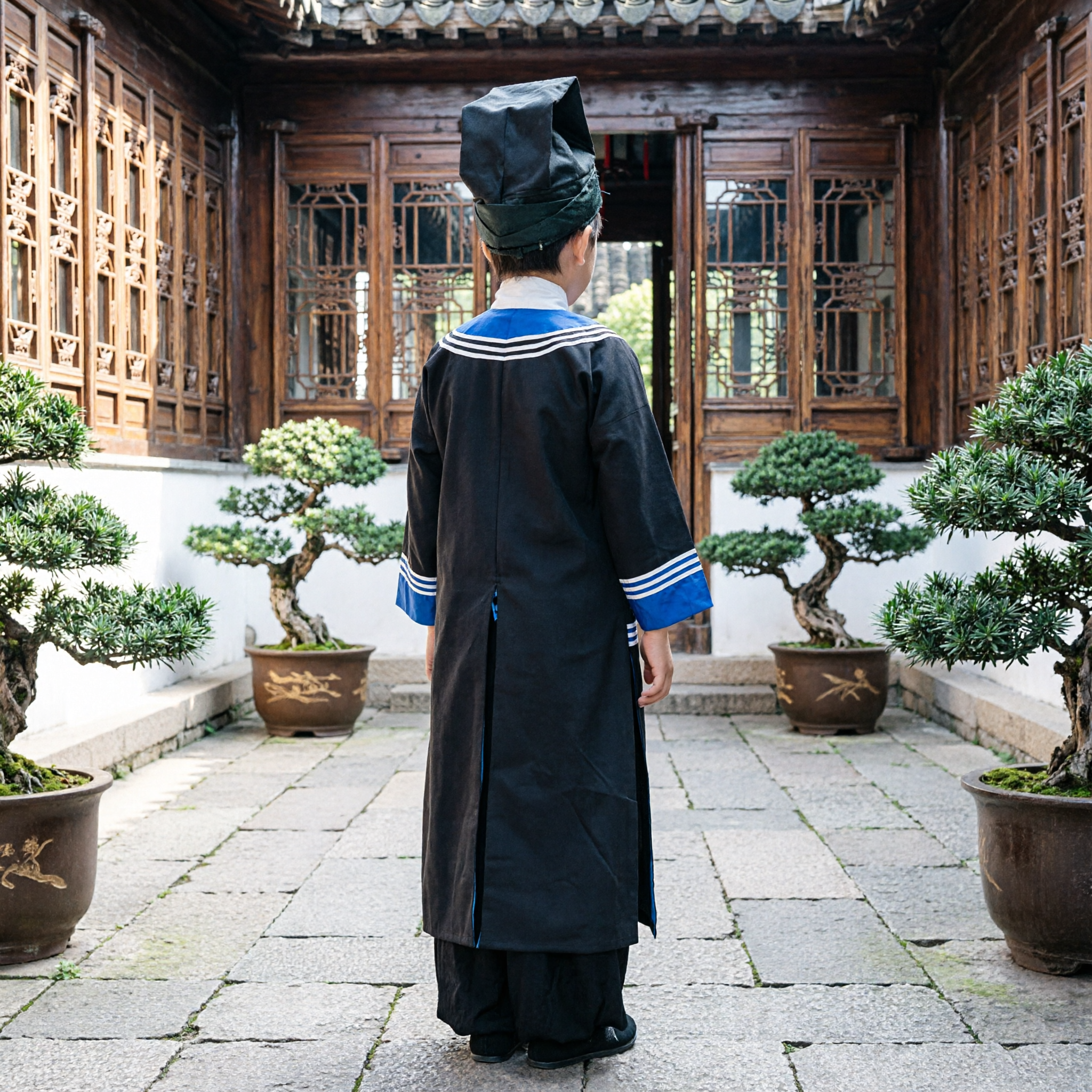 Traditional Chinese Ancient Scholar Costume Black Robe with Blue Trim and Hat for Men Boys Stage Performance