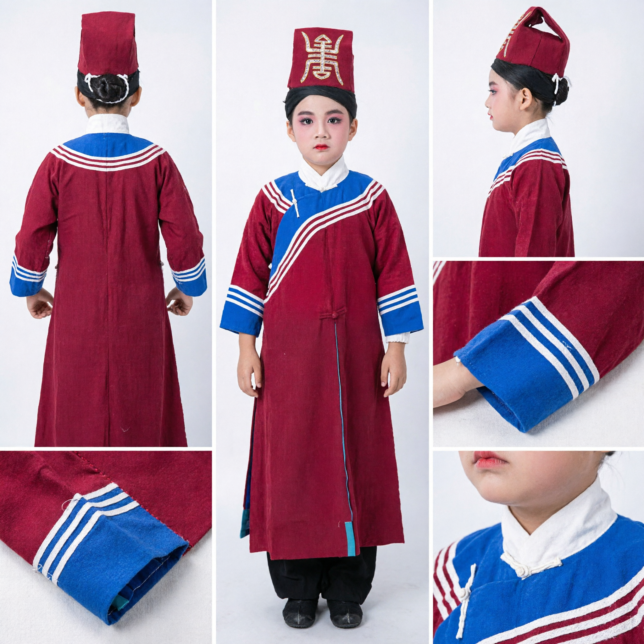 Boys Chinese Traditional Mongolian Ethnic Minority Costume Red Robe Hat for Stage Dance Performance