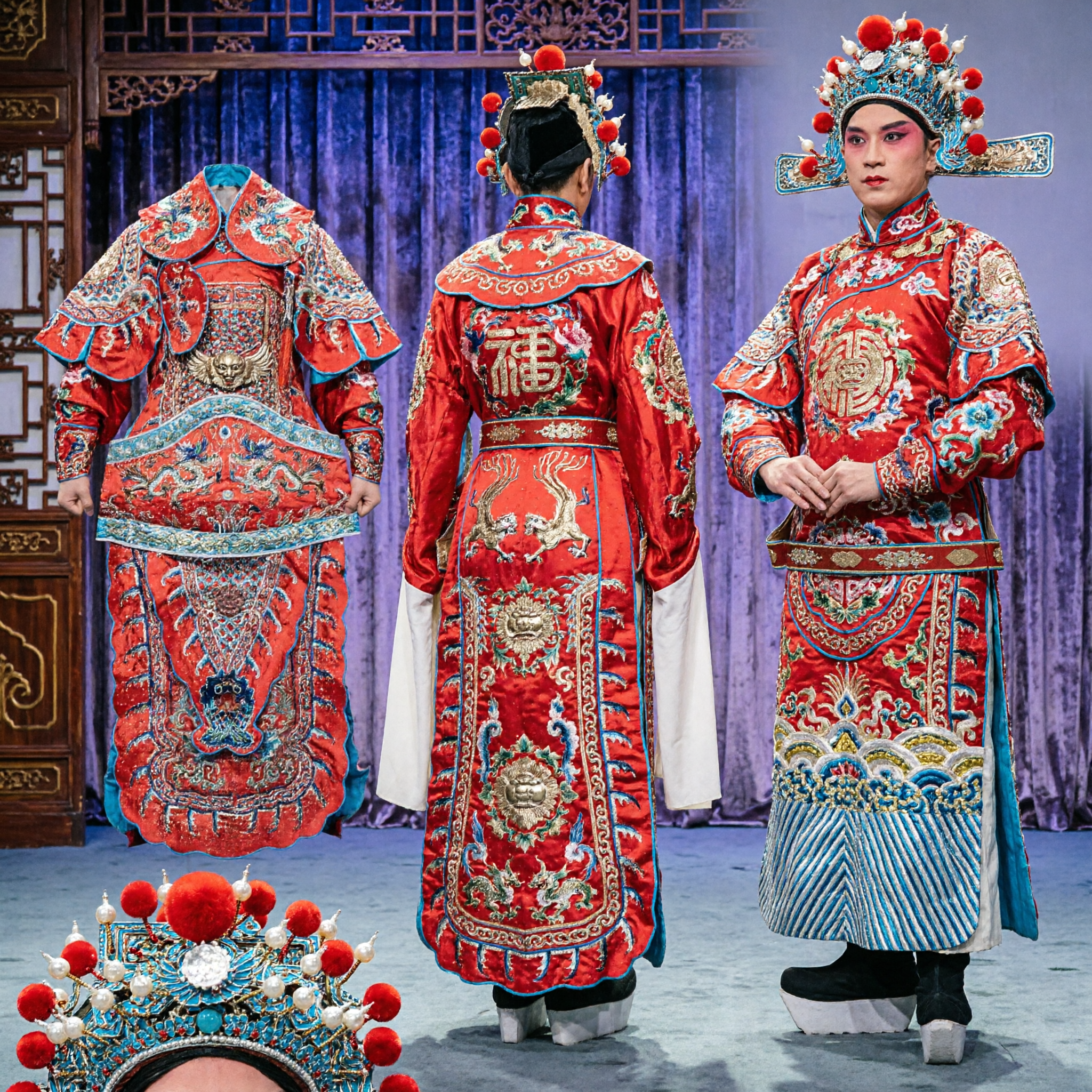 Traditional Chinese Peking Opera General Costume Red Embroidered Warrior Armor with Flags for Men Stage Performance