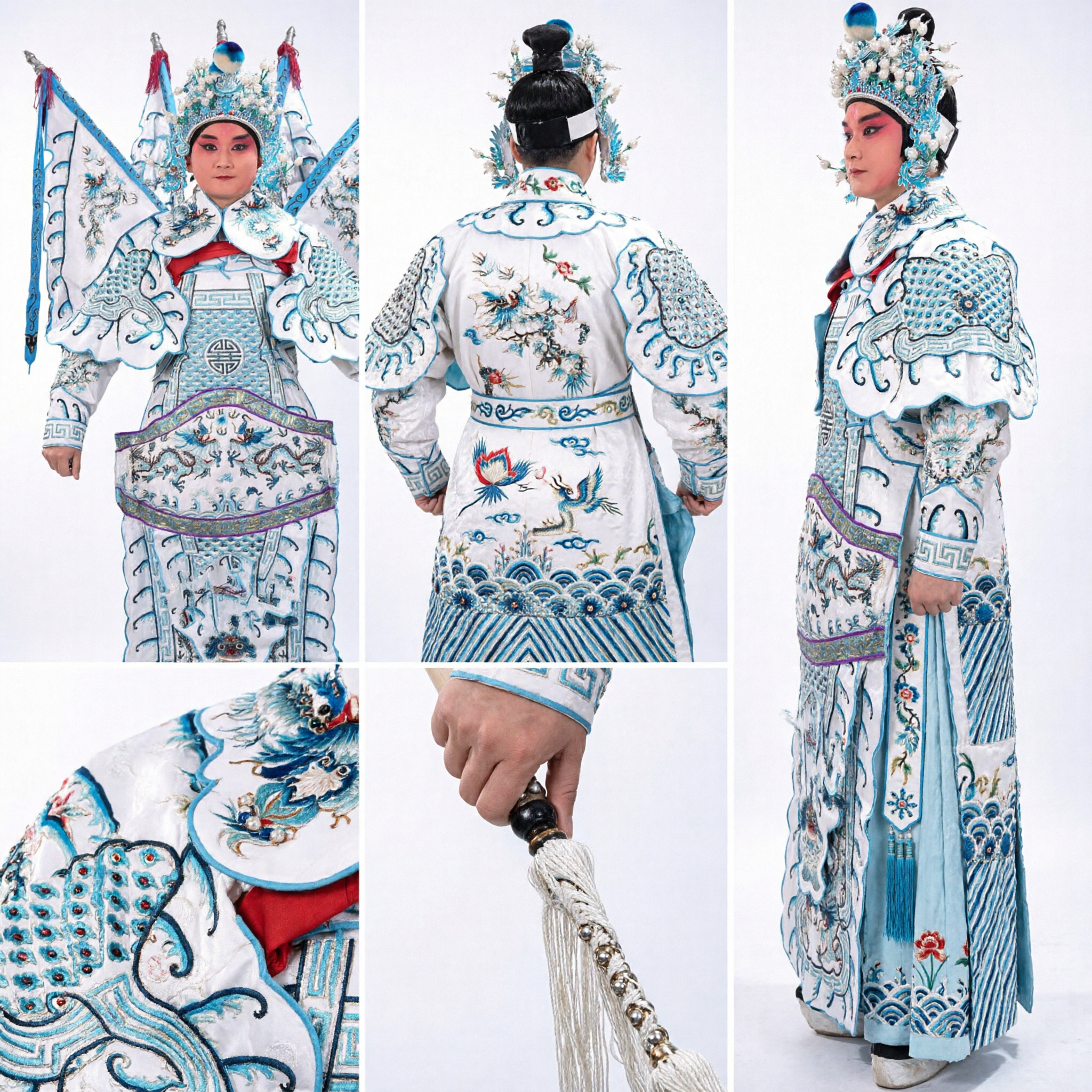 Traditional Chinese Peking Opera General Costume White Blue Dragon Embroidery Armor with Flags for Stage Performance