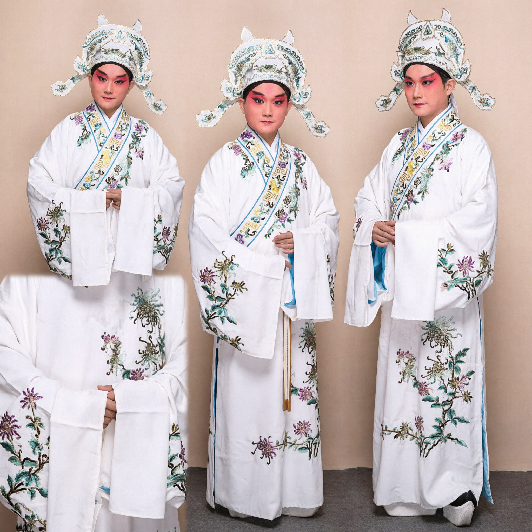 Traditional Chinese Peking Opera Costume White Xiaosheng Scholar Robe with Embroidery and Hat Set for Men