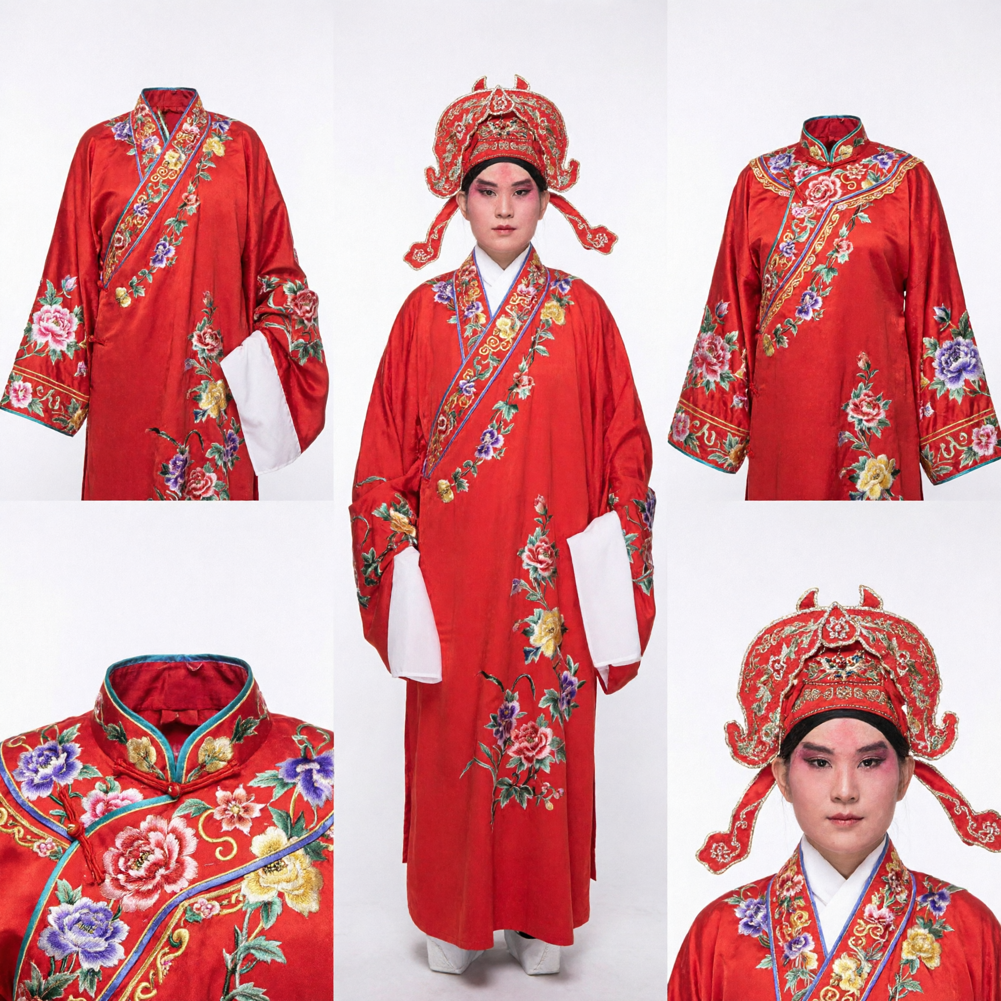 Traditional Chinese Peking Opera Costume Red Embroidered Scholar Robe and Hat Complete Set for Men Performance