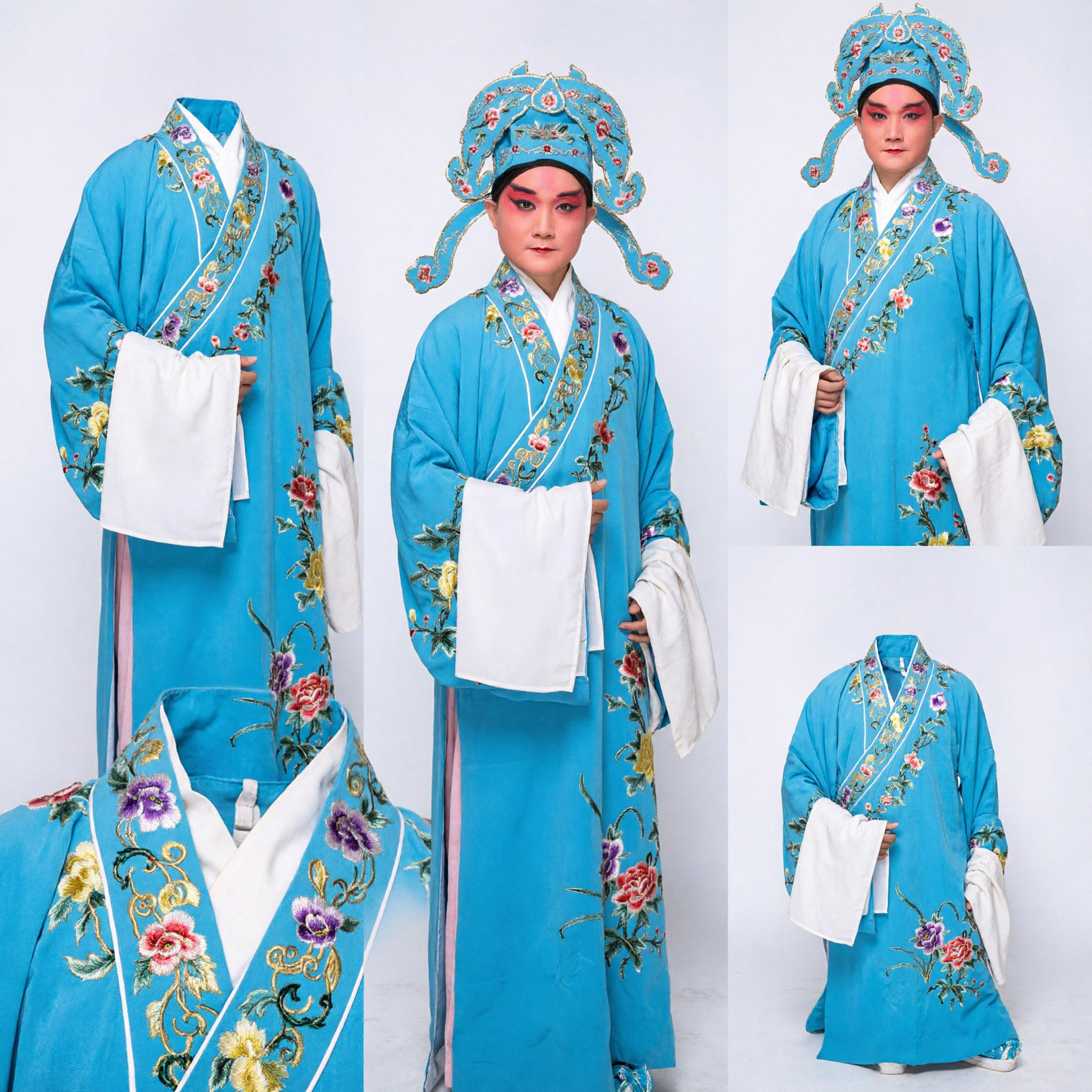 Traditional Blue Chinese Opera Costume Peking Opera Scholar Robe with Floral Embroidery for Men