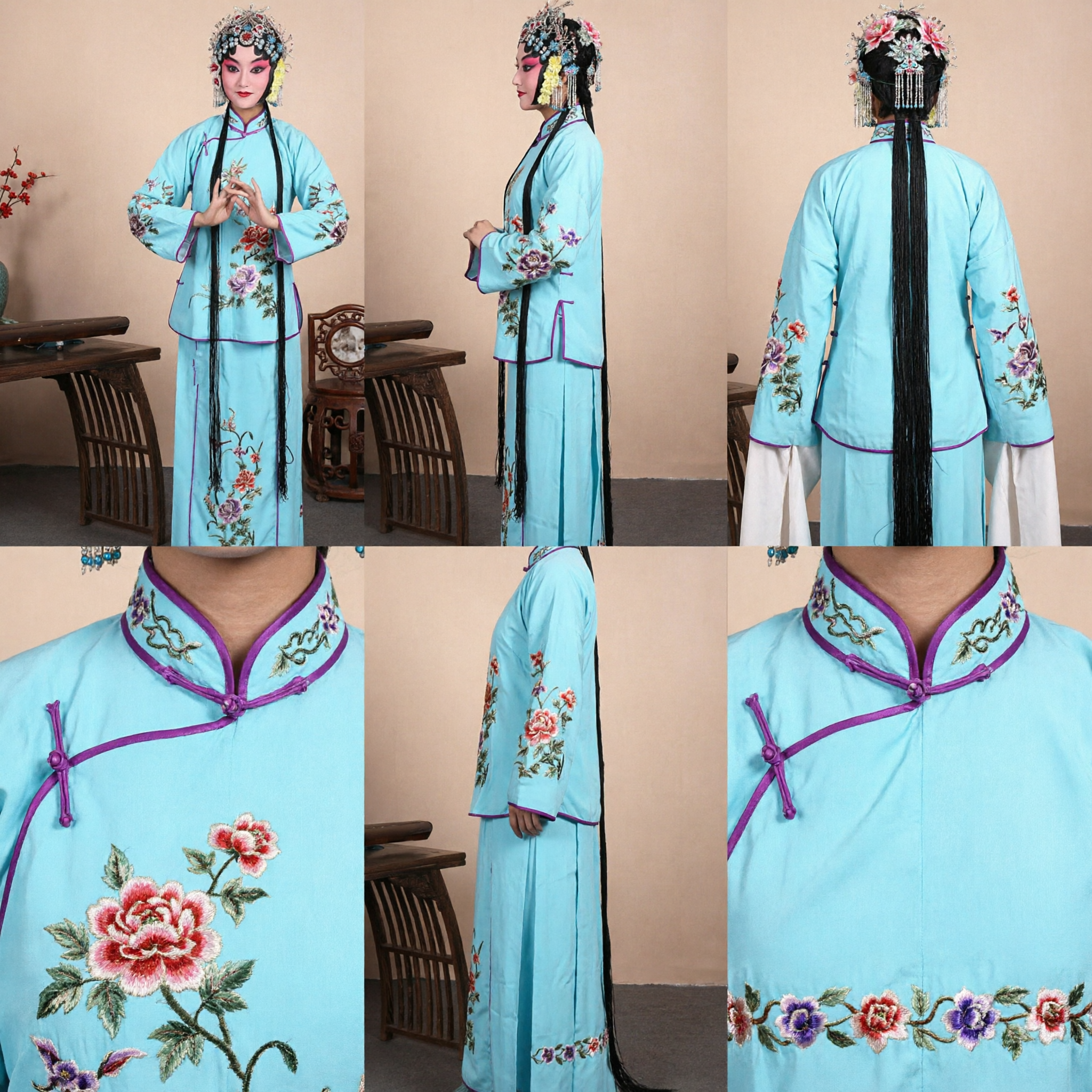 Traditional Chinese Peking Opera Costume Light Blue Embroidered Dress Set for Women Stage Performance