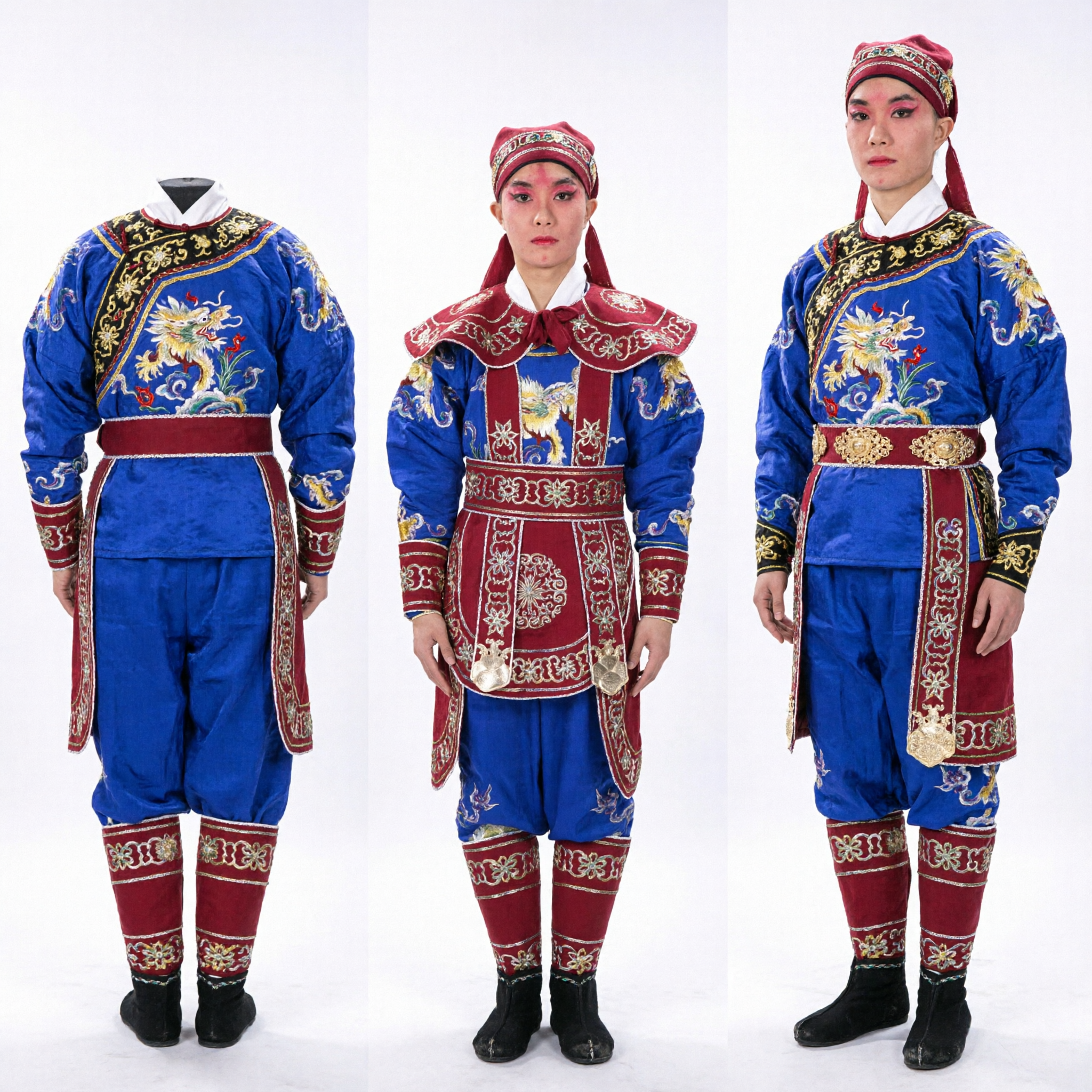 Traditional Chinese Peking Opera General Armor Blue Red Embroidered Warrior Costume for Men Stage Performance