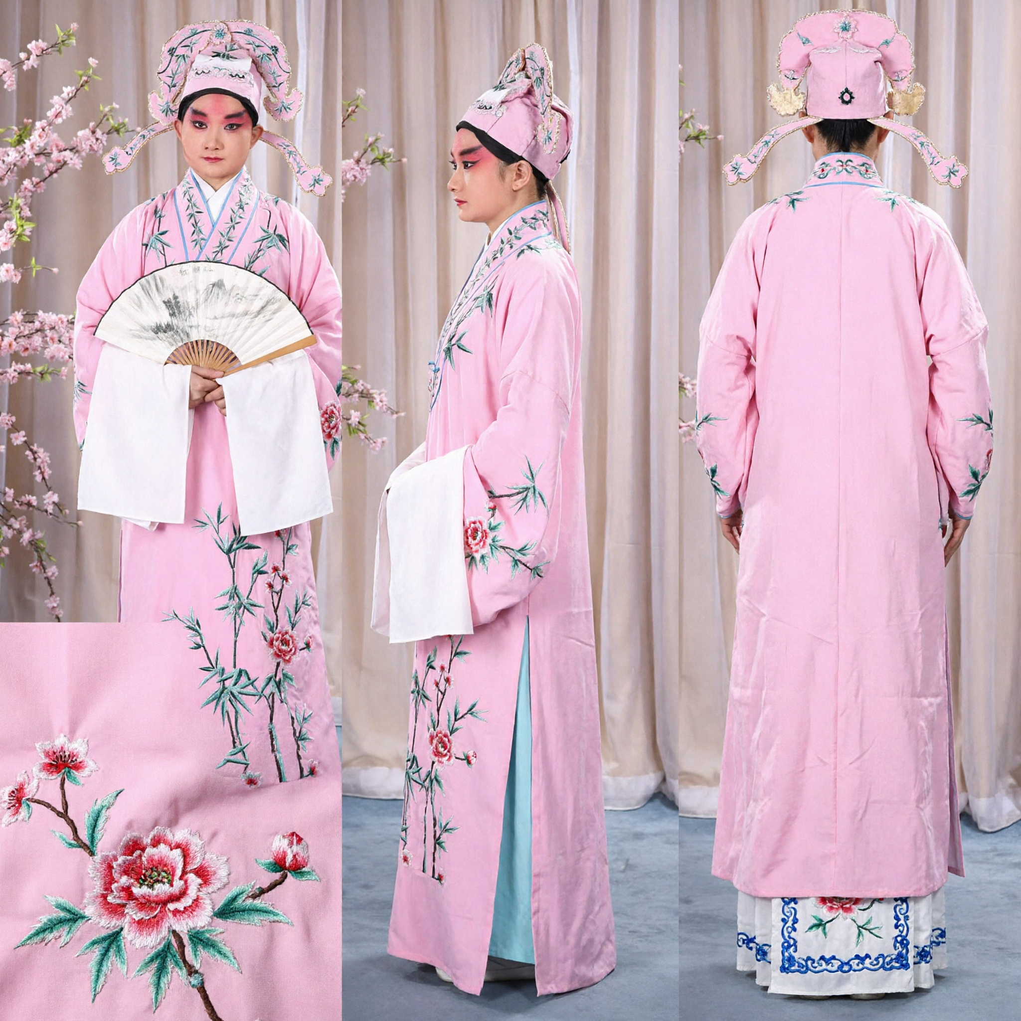 Traditional Chinese Opera Costume Pink Scholar Robe Bamboo Embroidery Xiaosheng Complete Set for Performance