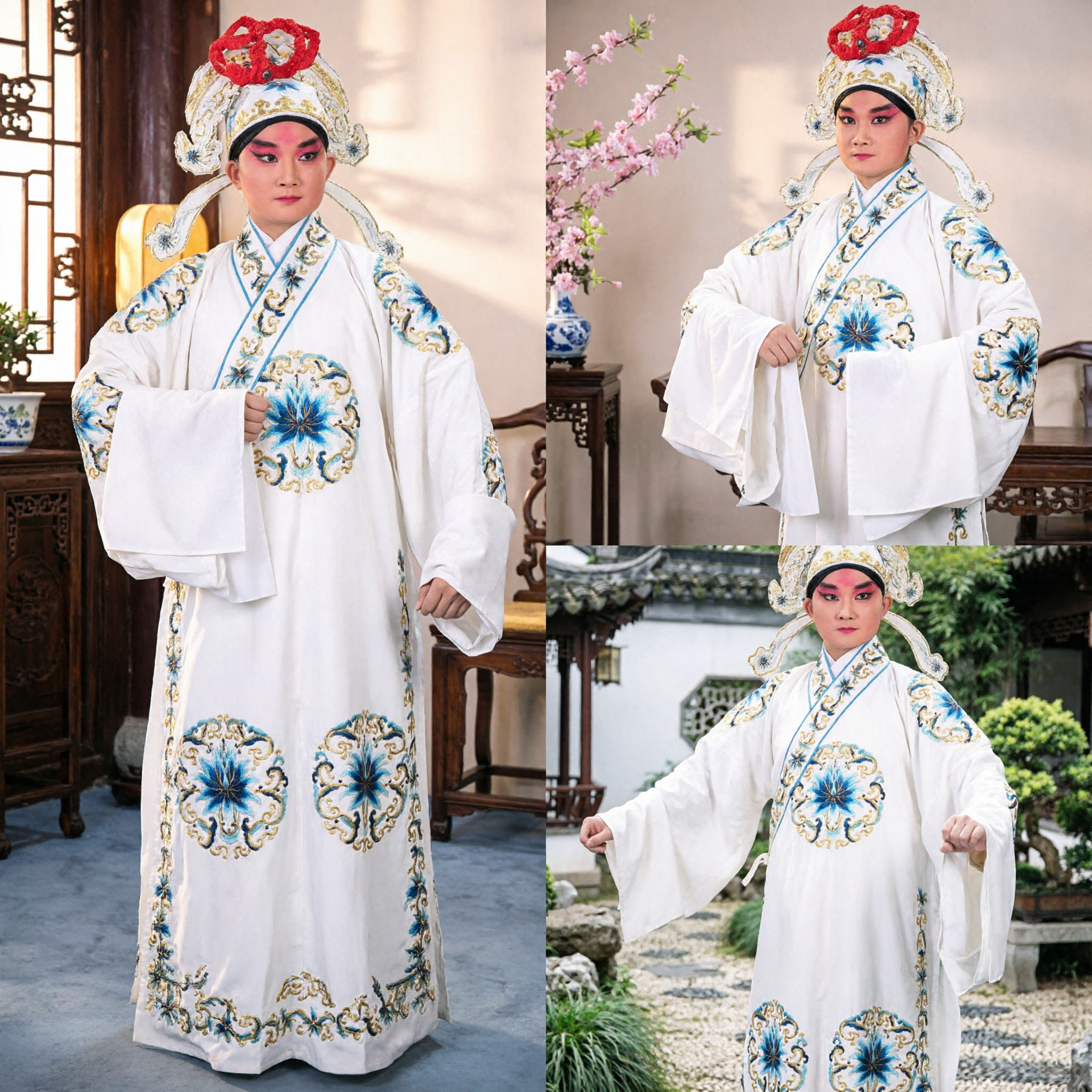 Traditional Chinese Peking Opera Costume Men's White Embroidered Scholar Robe and Headdress for Stage Performance