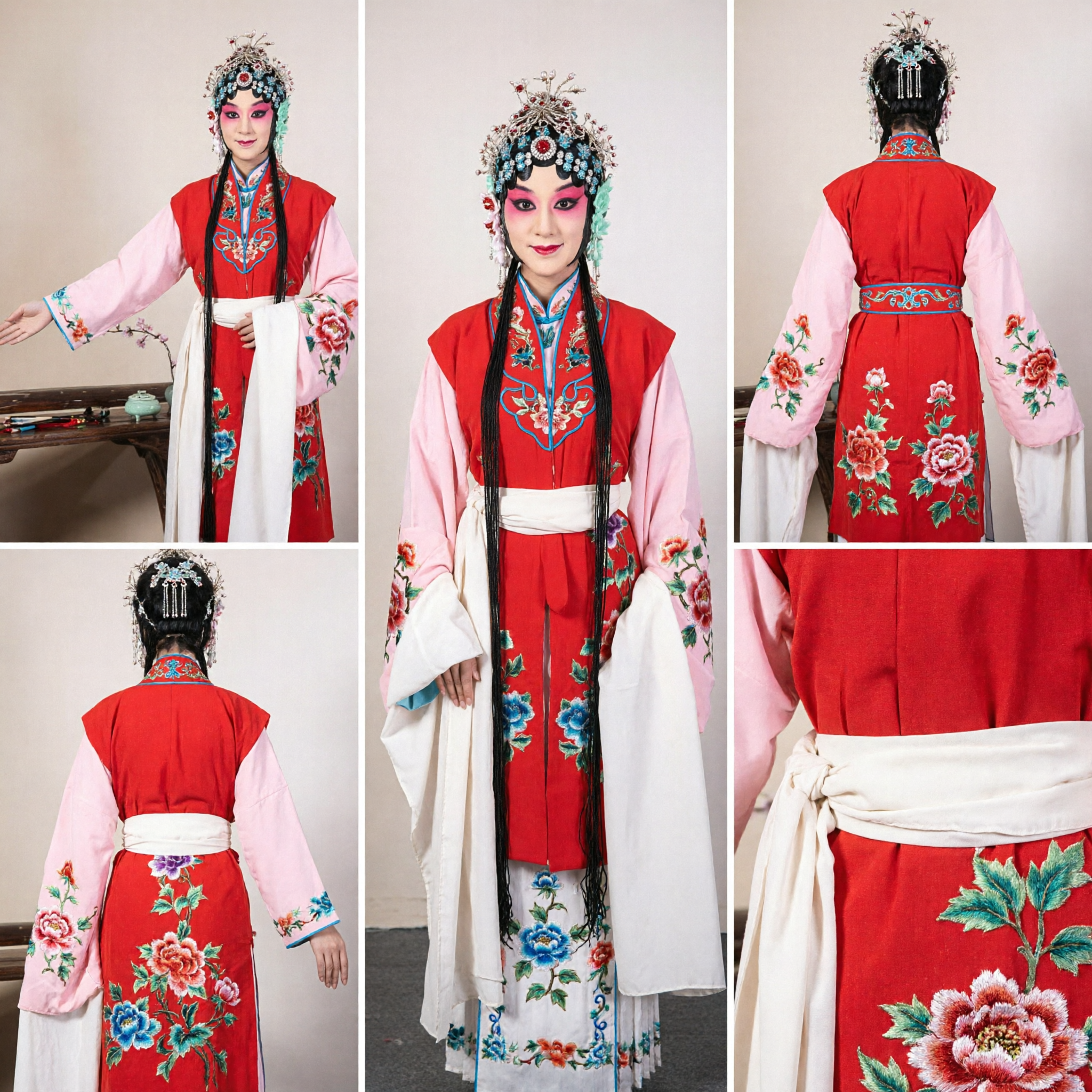 Traditional Chinese Beijing Opera Costume Female Warrior Complete Set Red Embroidered Vest Pink Sleeves Headdress for Stage Performance